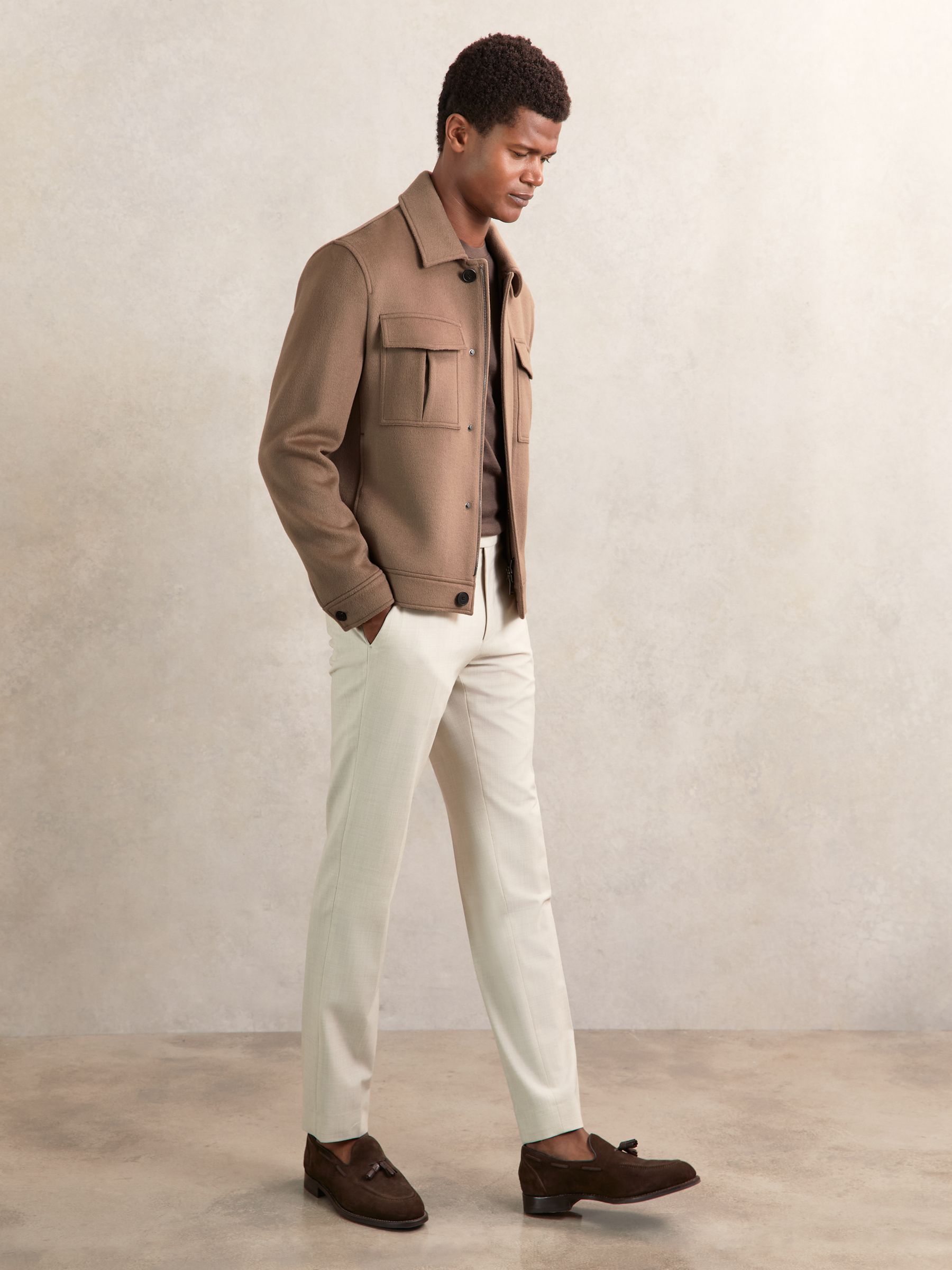 Wool Blend Twin Pocket Zipped Jacket in Dark Brown