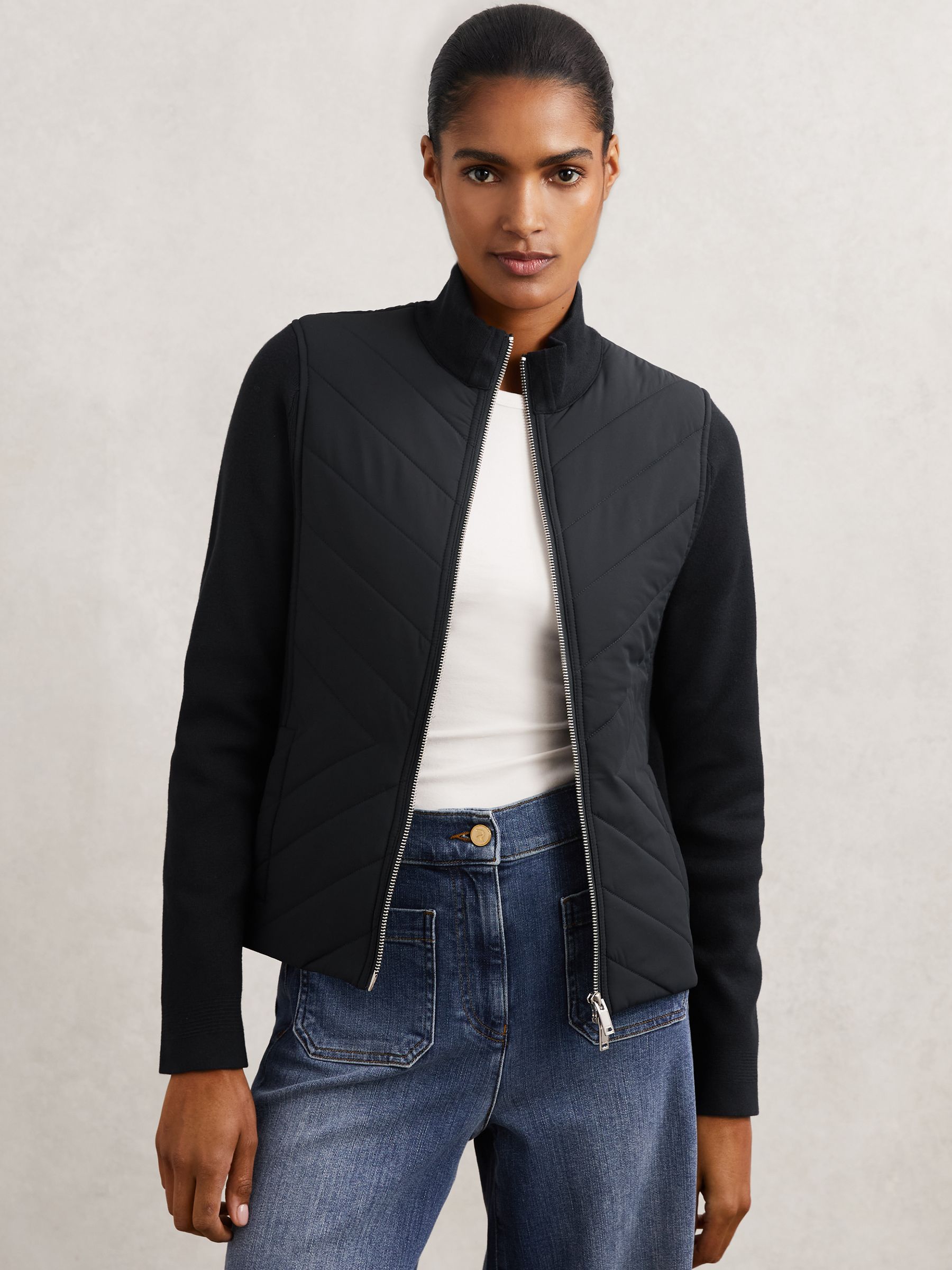 Hybrid Quilted Zip-Through Knit Jacket in Navy
