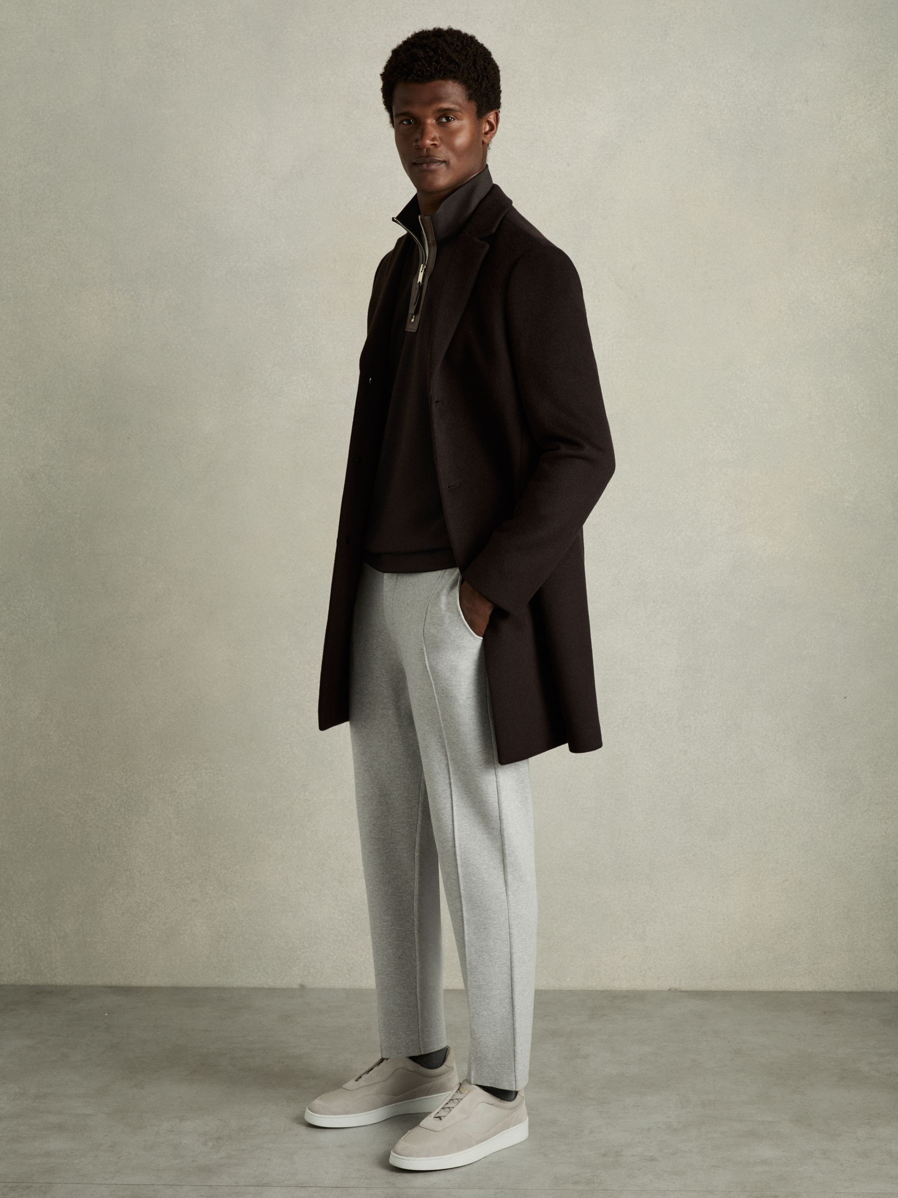 Leather-Placket Interlock-Jersey Sweatshirt in Chocolate Brown