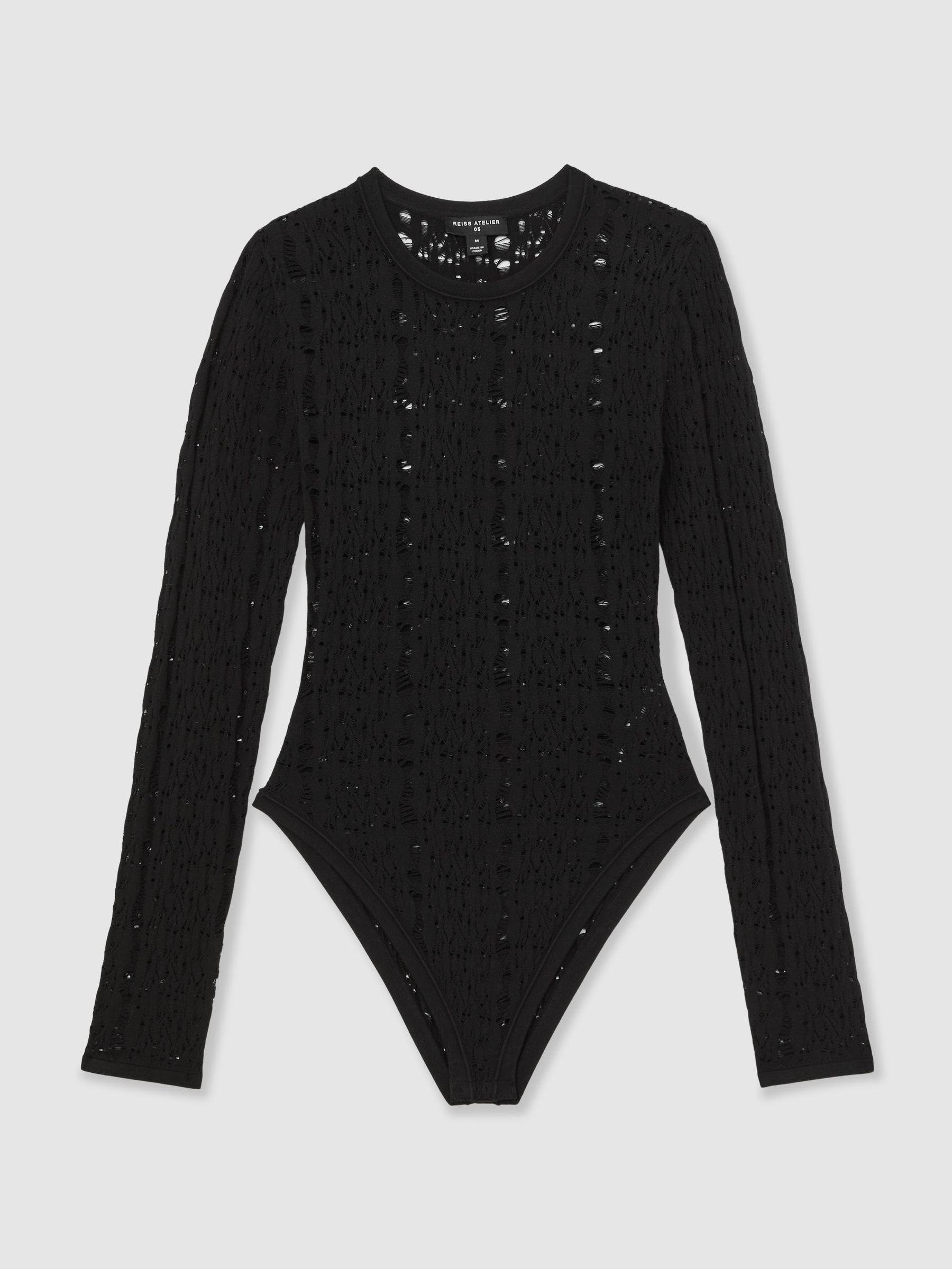 Atelier Lace-Knit Long-Sleeve Bodysuit in Black
