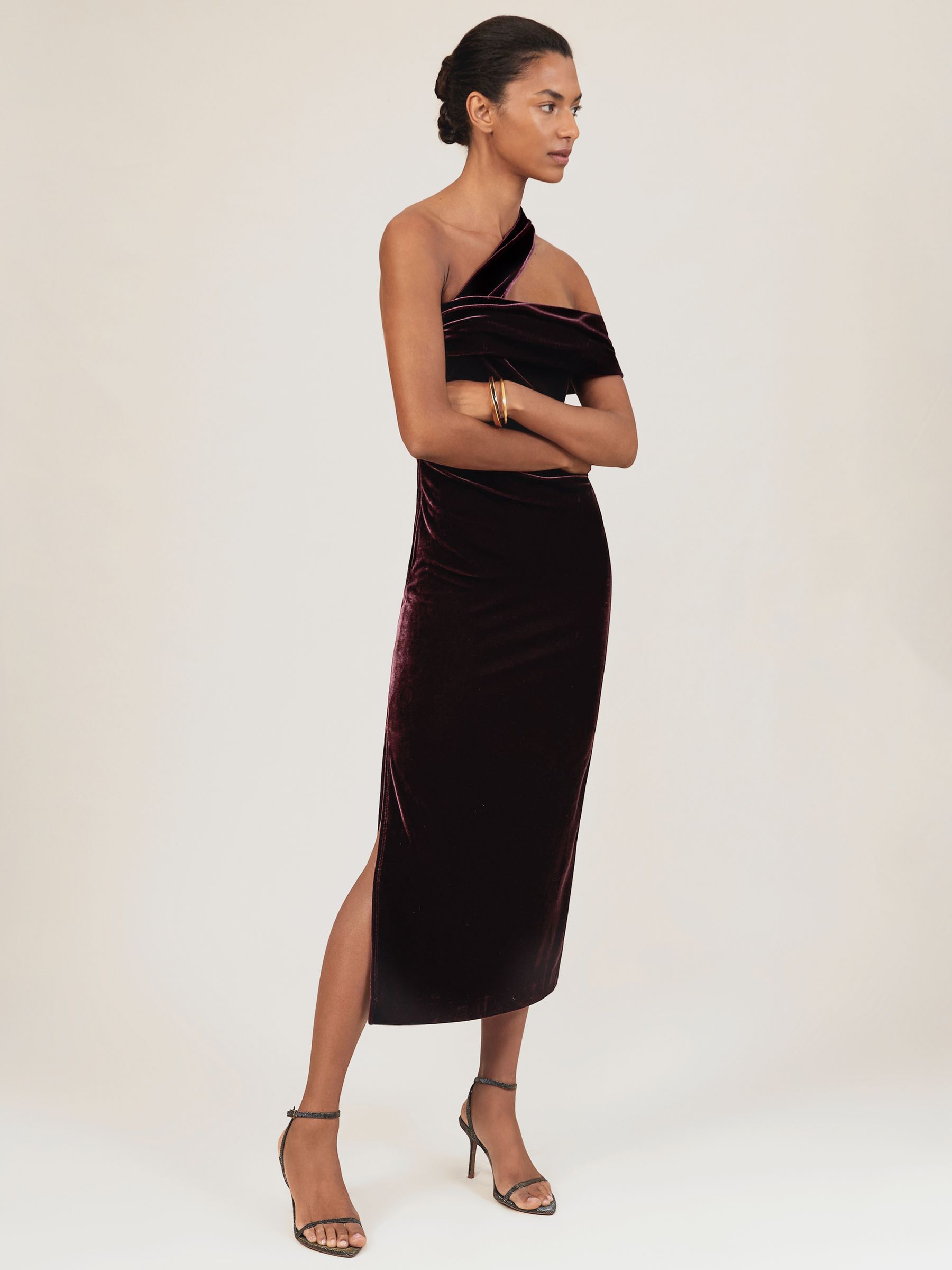 Petite Velvet One-Shoulder Midi Dress in Burgundy