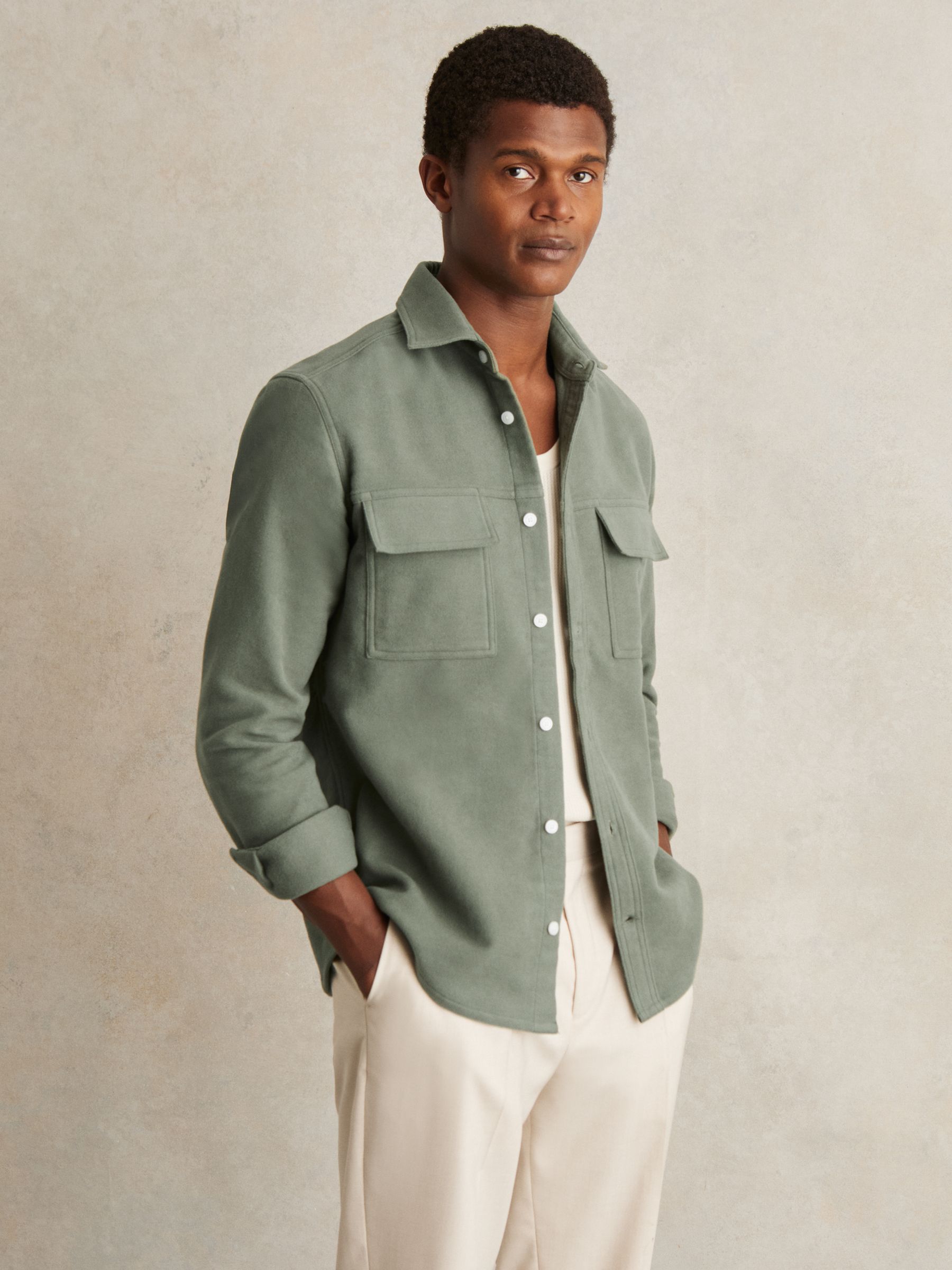 Moleskin-Cotton Twin-Pocket Overshirt in Green
