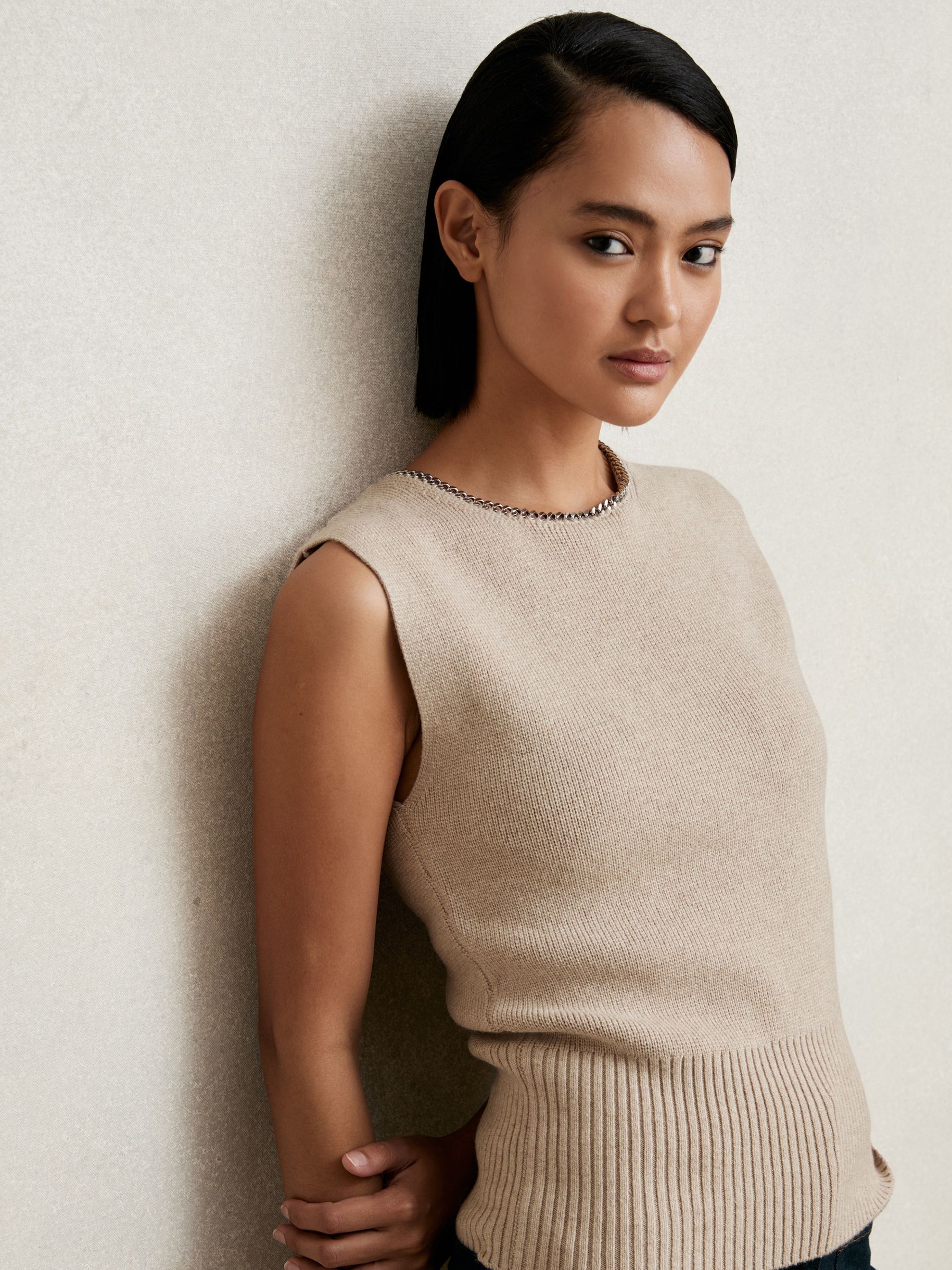 Wool-Blend Necklace-Trim Knitted Vest in Charcoal Grey