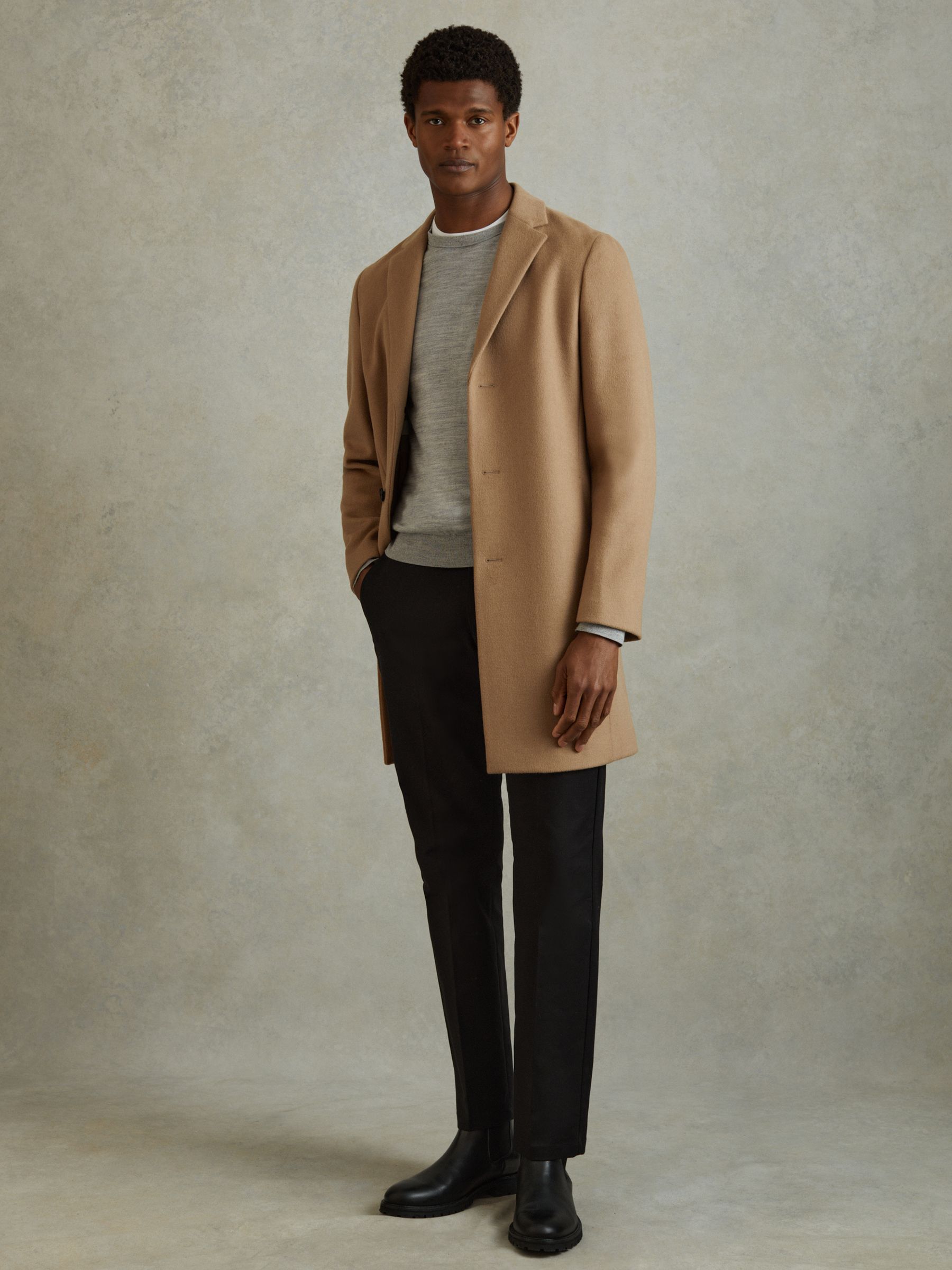 Wool Blend Single Breasted Epsom Overcoat in Camel