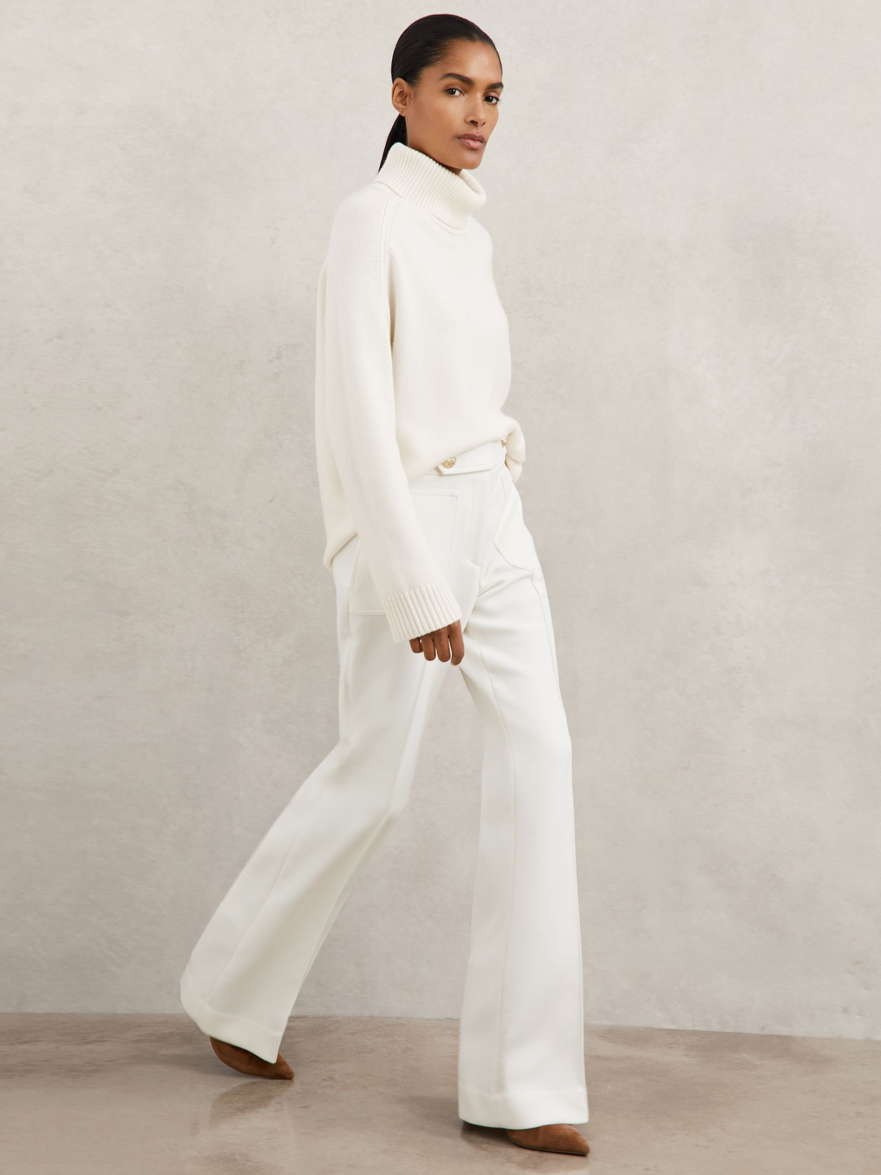 Twill Button-Tab Flared Trousers With Wool in White