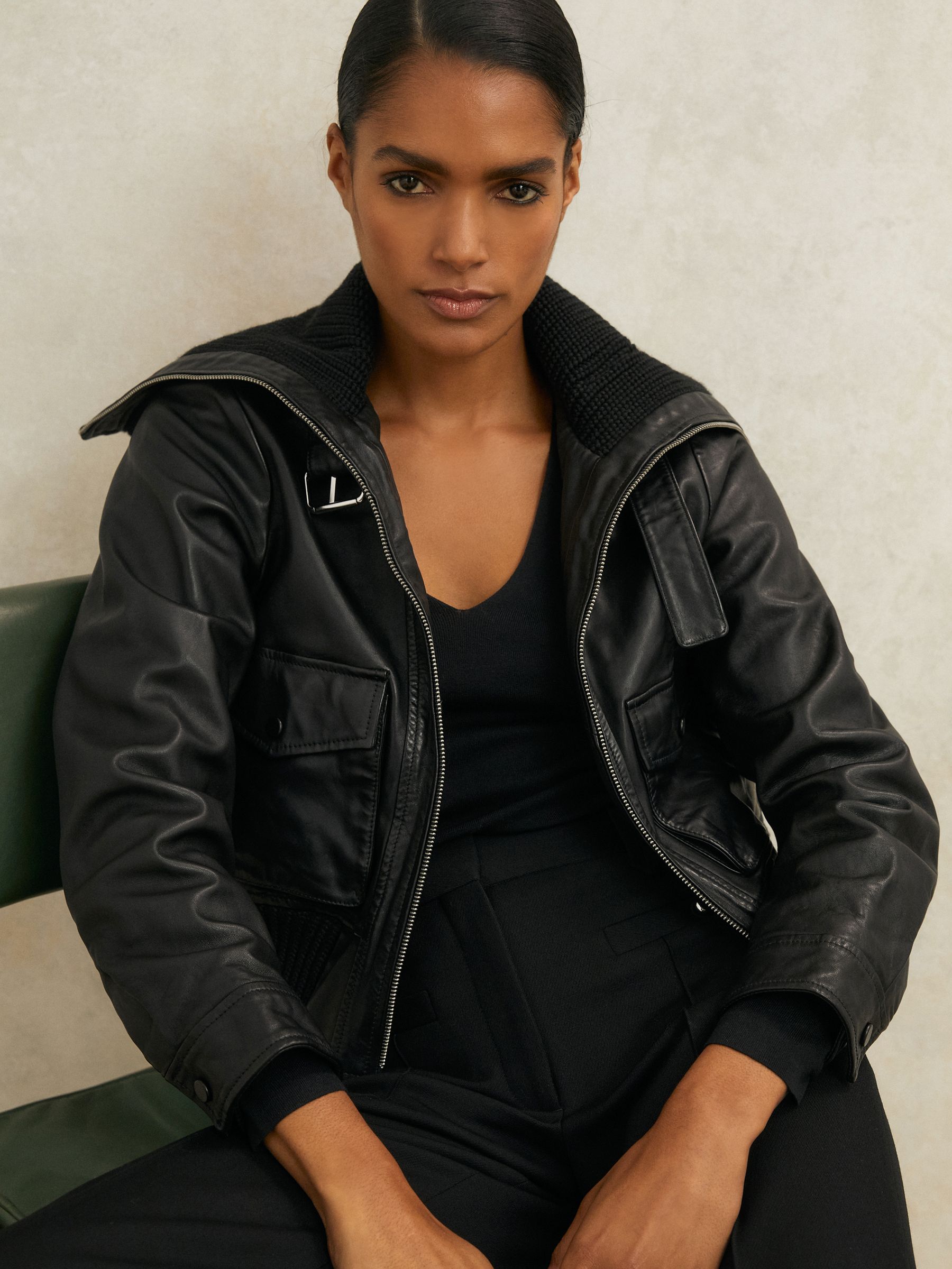 Atelier Leather Rib-Trim Jacket in Black