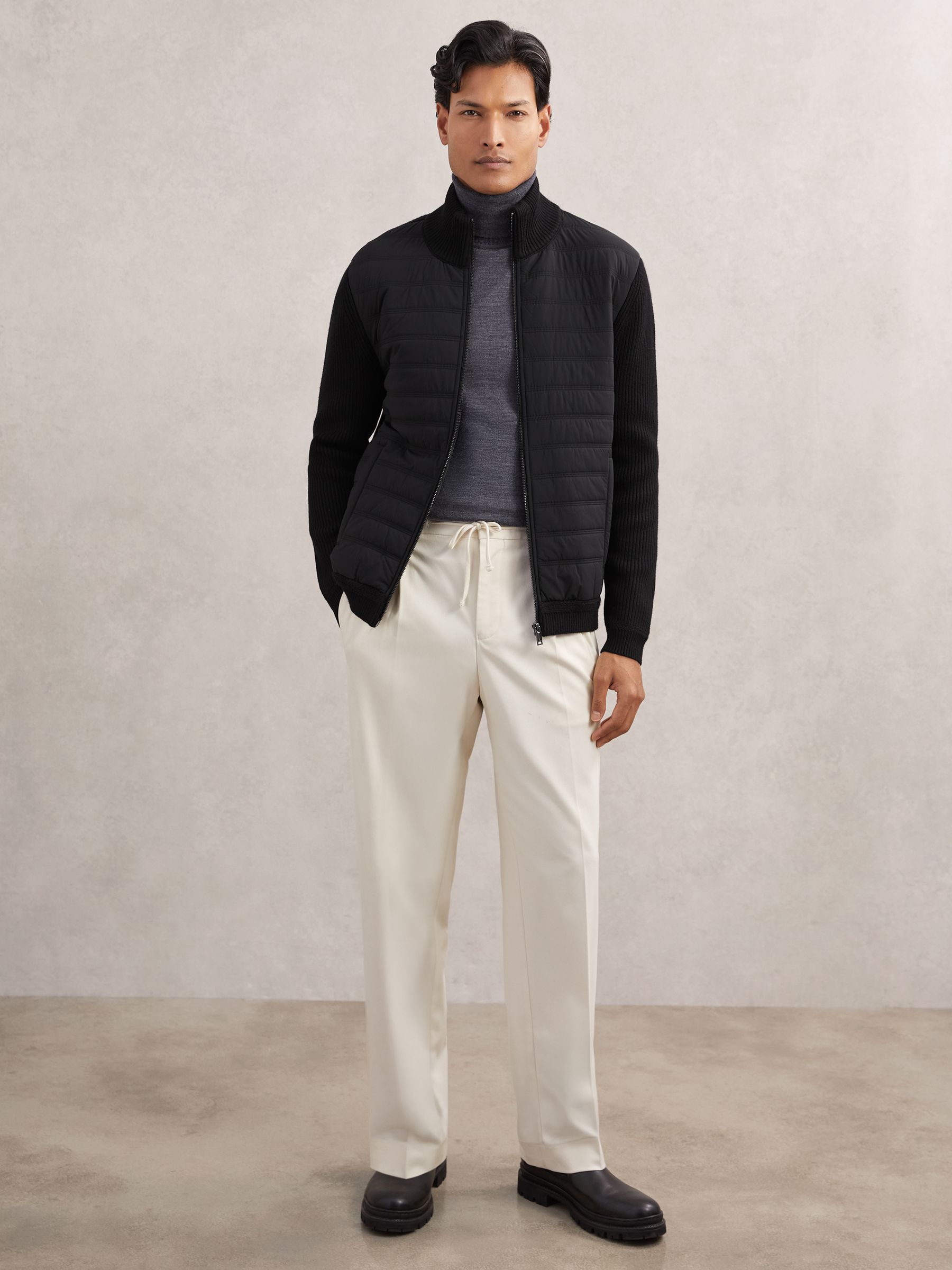 Quilted Rib-Knit Funnel-Neck Jacket in Black