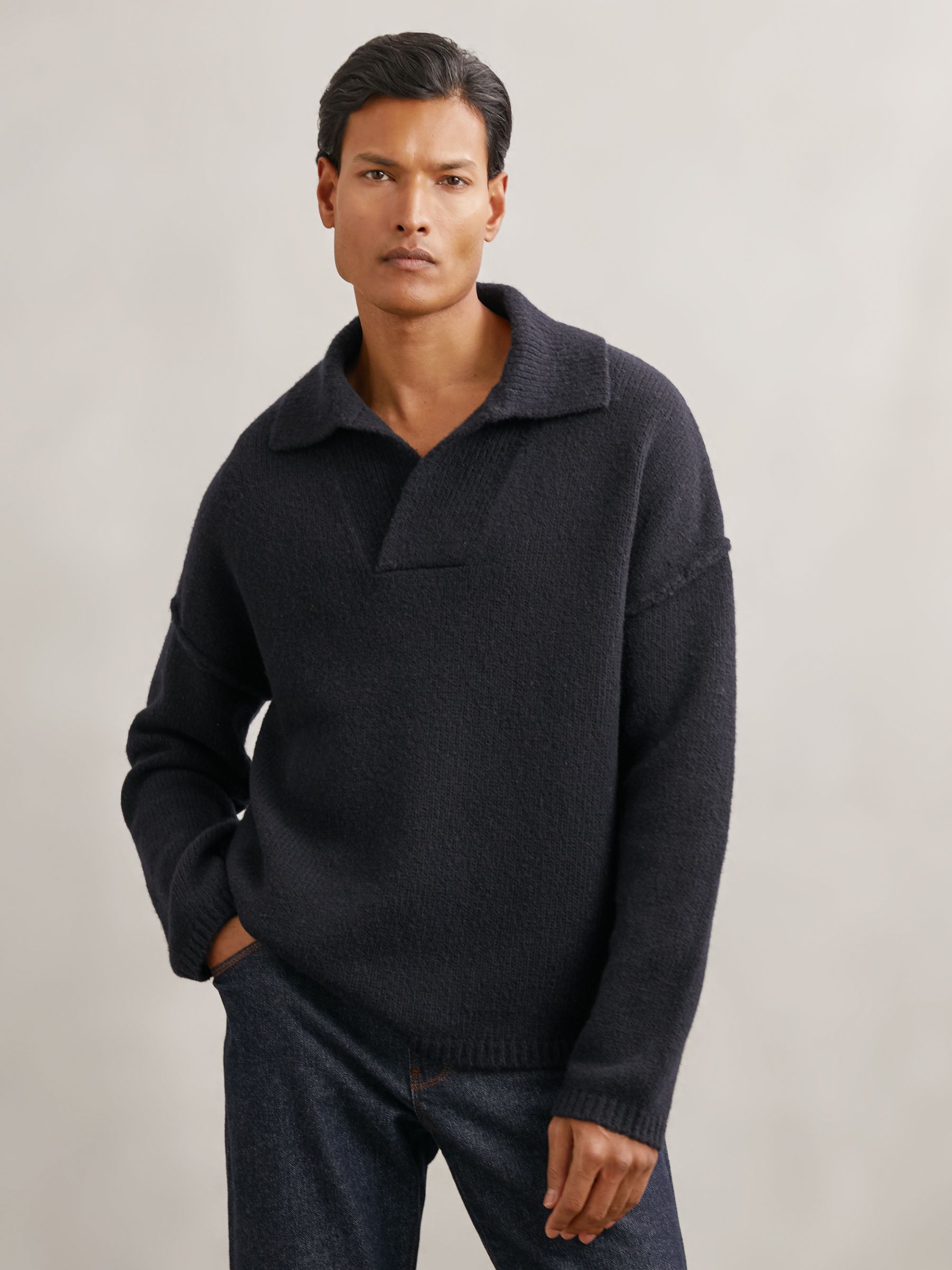 Wool-Blend Relaxed Open-Collar Jumper in Taupe Brown Melange