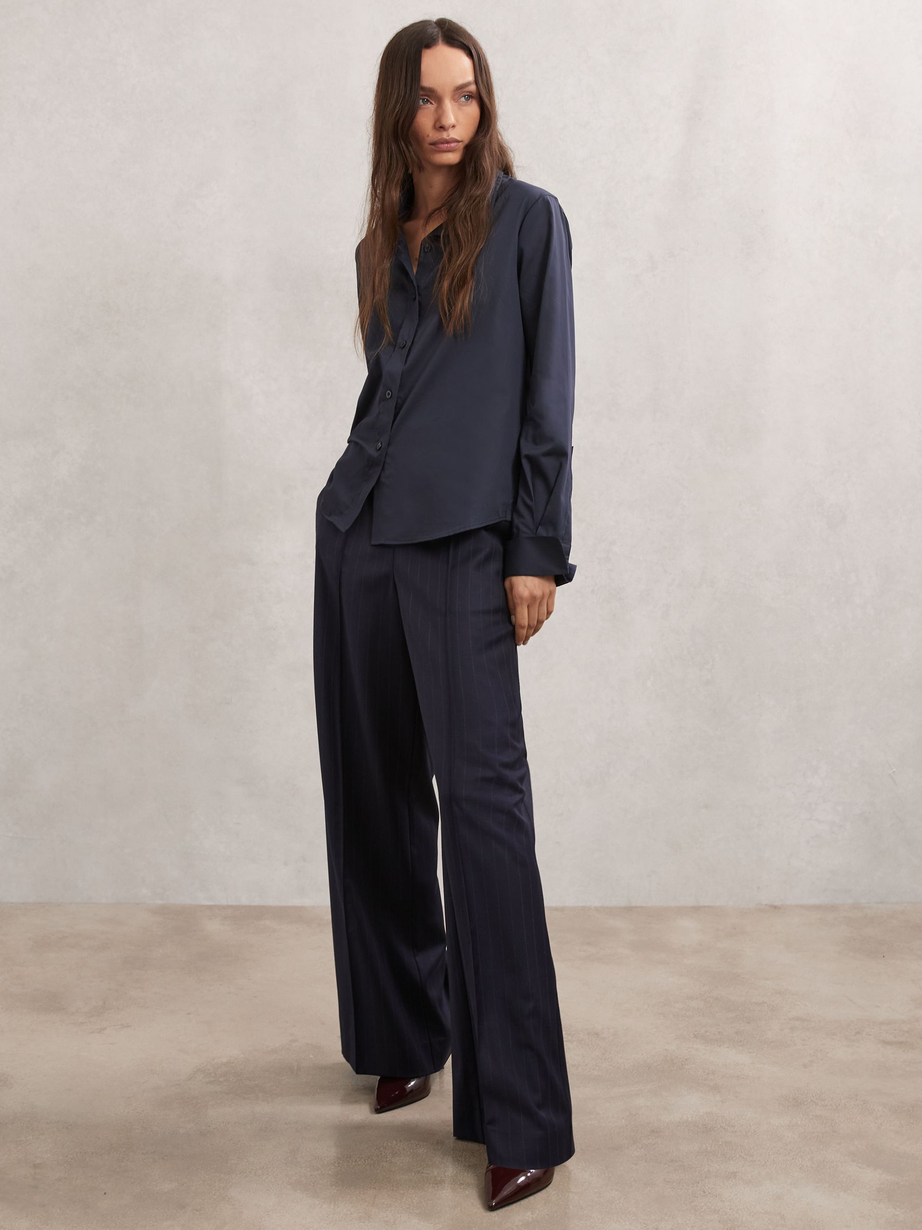 Wool-Blend Pinstripe Wide-Leg Trousers in Navy