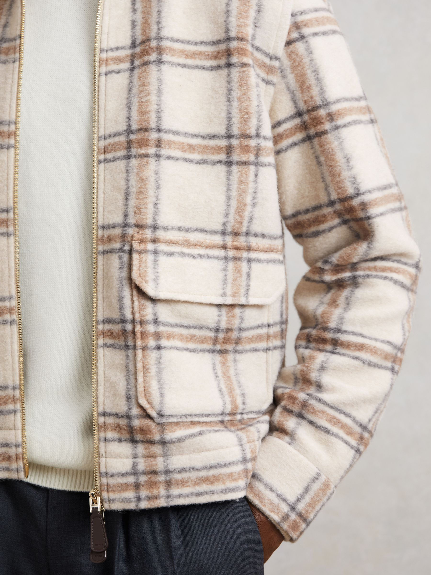 Zip-Through Check Overshirt with Wool in Stone