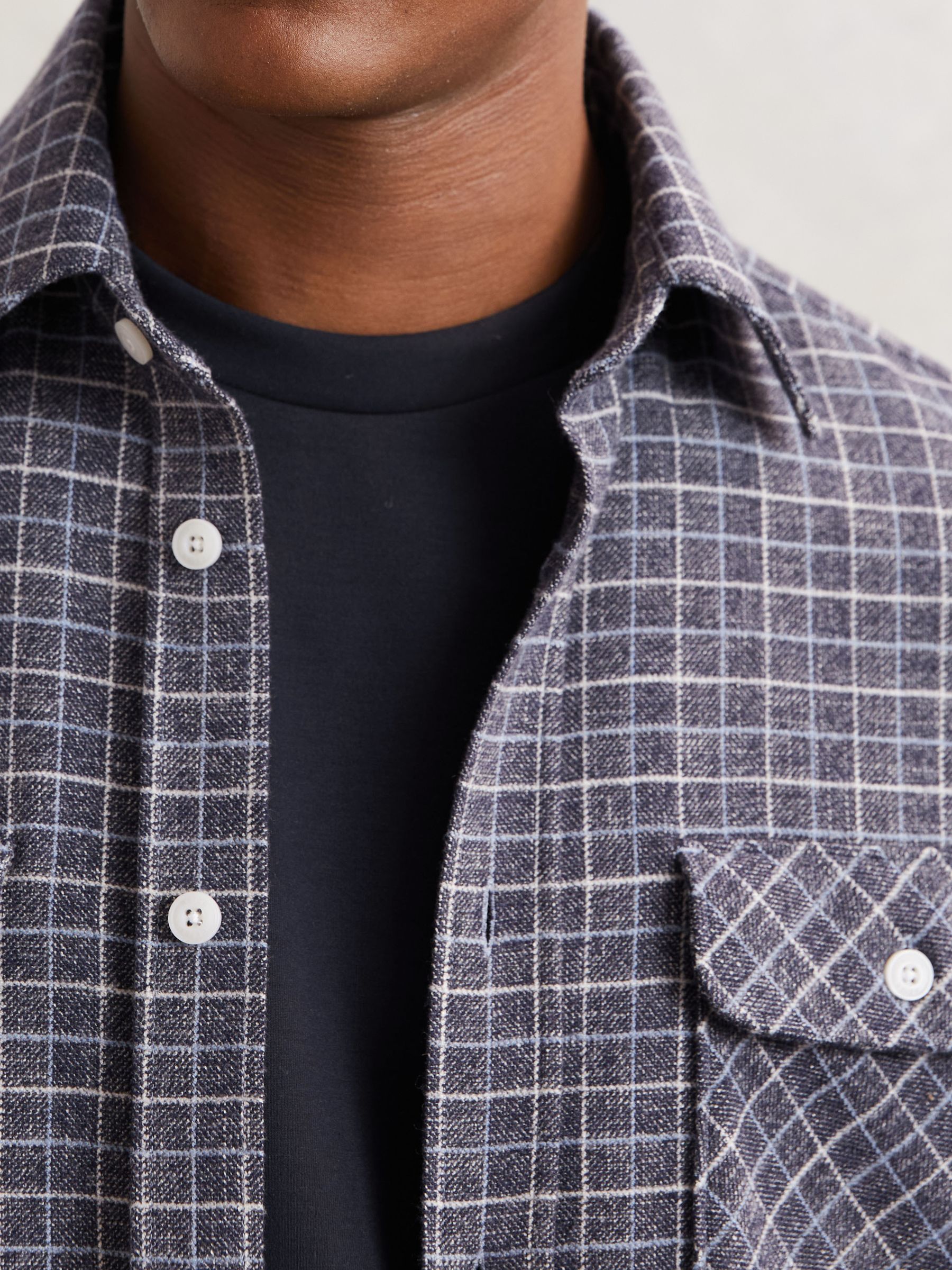 Check Twin-Pocket Jersey Overshirt in Indigo Blue