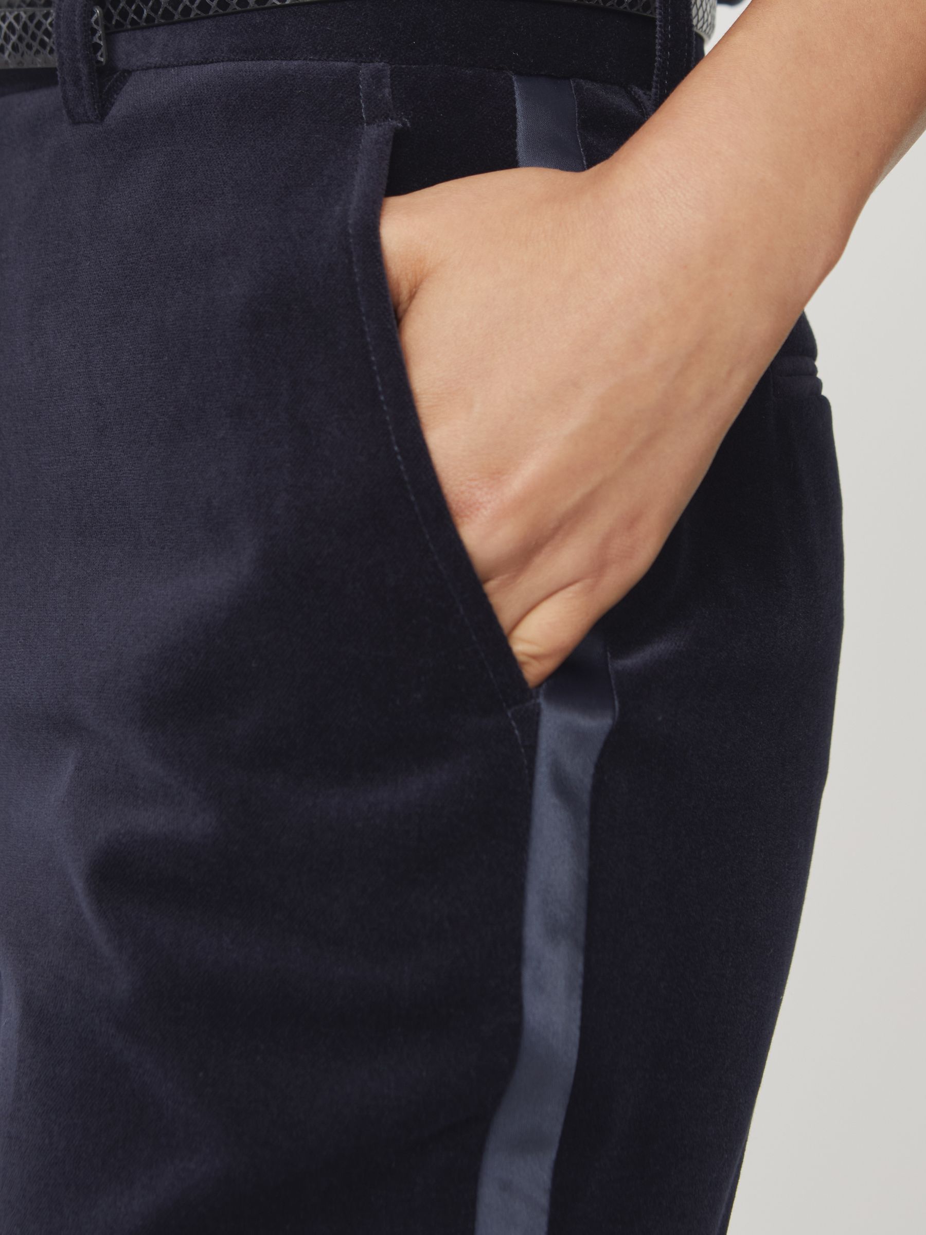 Velvet Satin-Stripe Flared Trousers in Navy