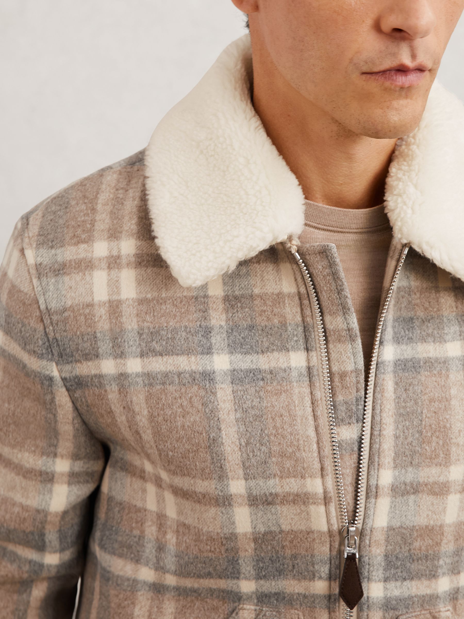 Wool-Blend Check Fleece-Collar Jacket in Oatmeal Brown