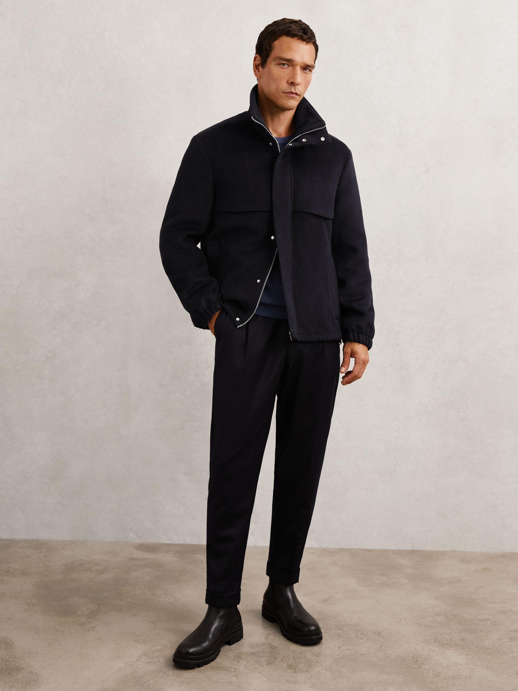 Wool-Blend Funnel-Neck Zip Jacket in Navy