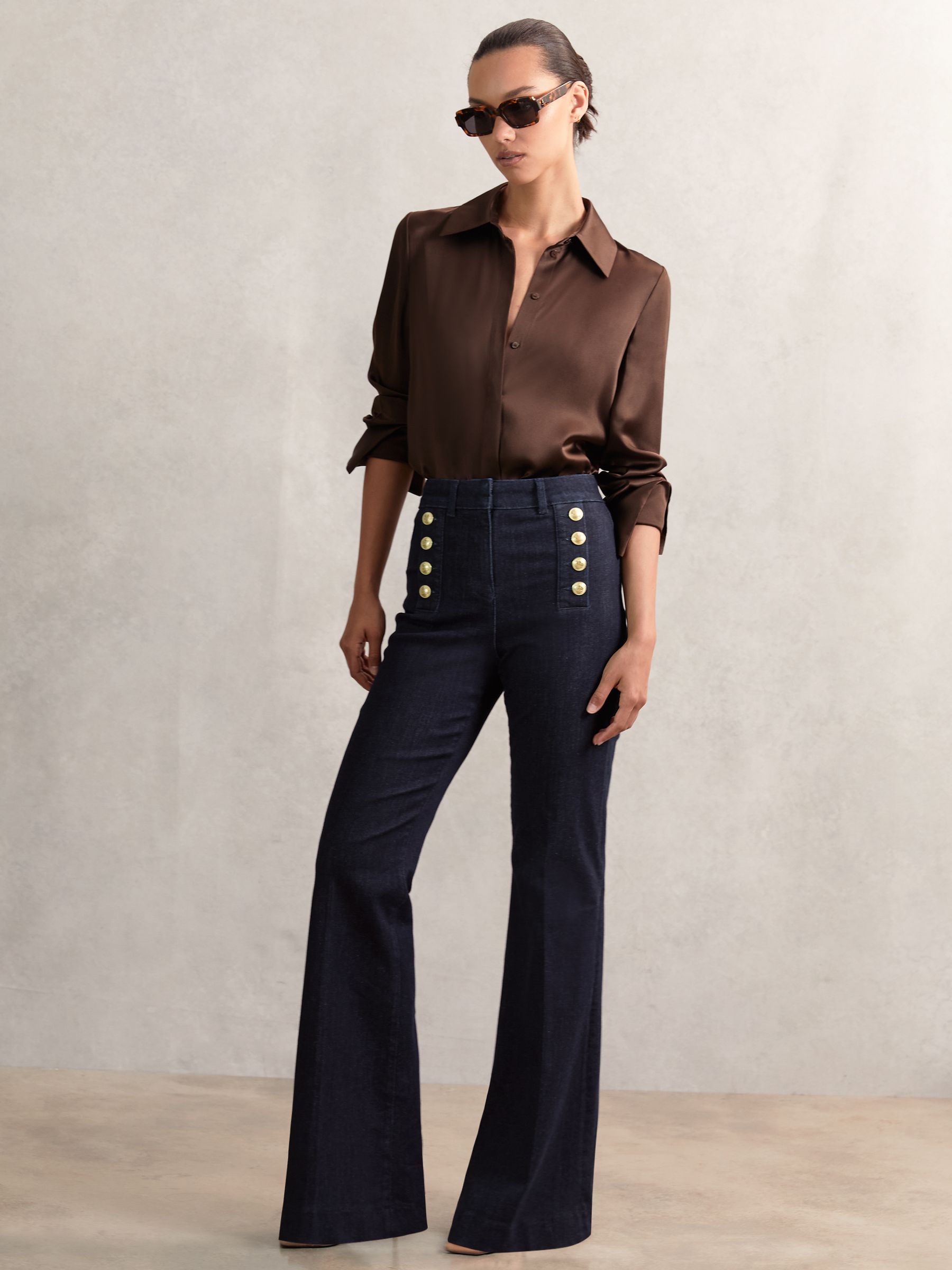Petite Button-Detail High-Rise Flared Jeans in Dark Blue