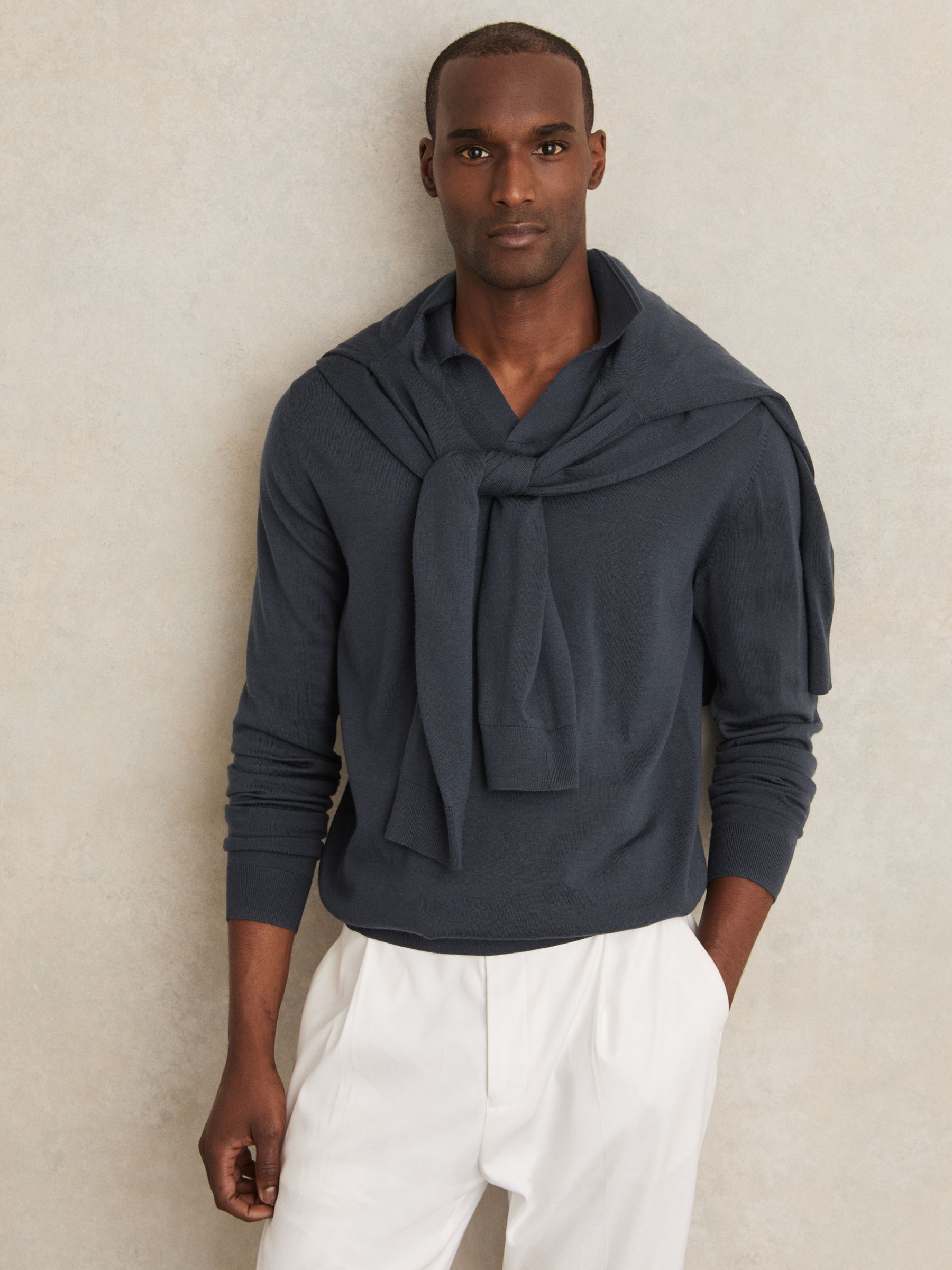 Merino Wool Open-Collar Polo Shirt in Wicker Brown Melange