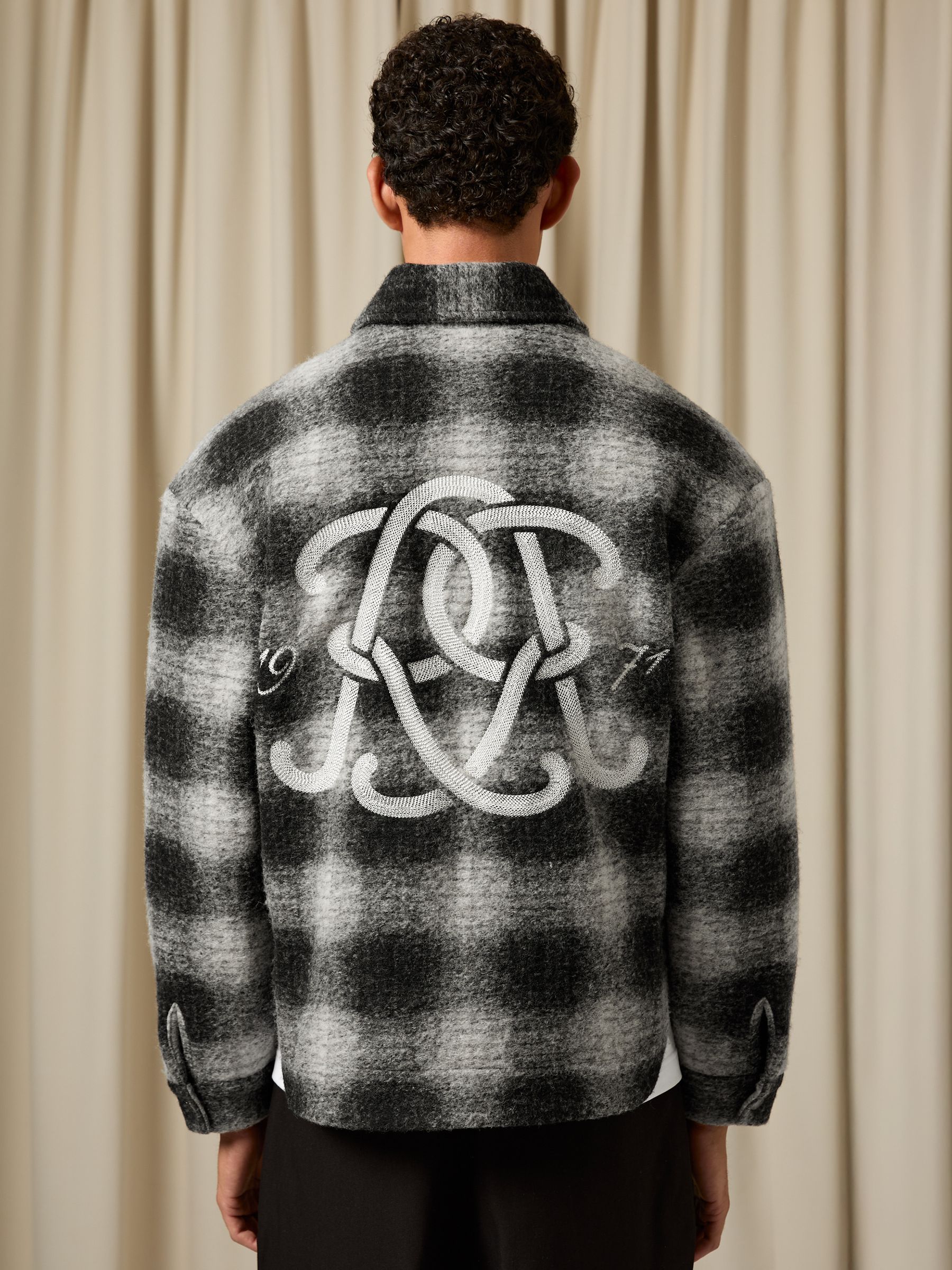 Monogram Embroidered Relaxed Overshirt with Wool in Black/White