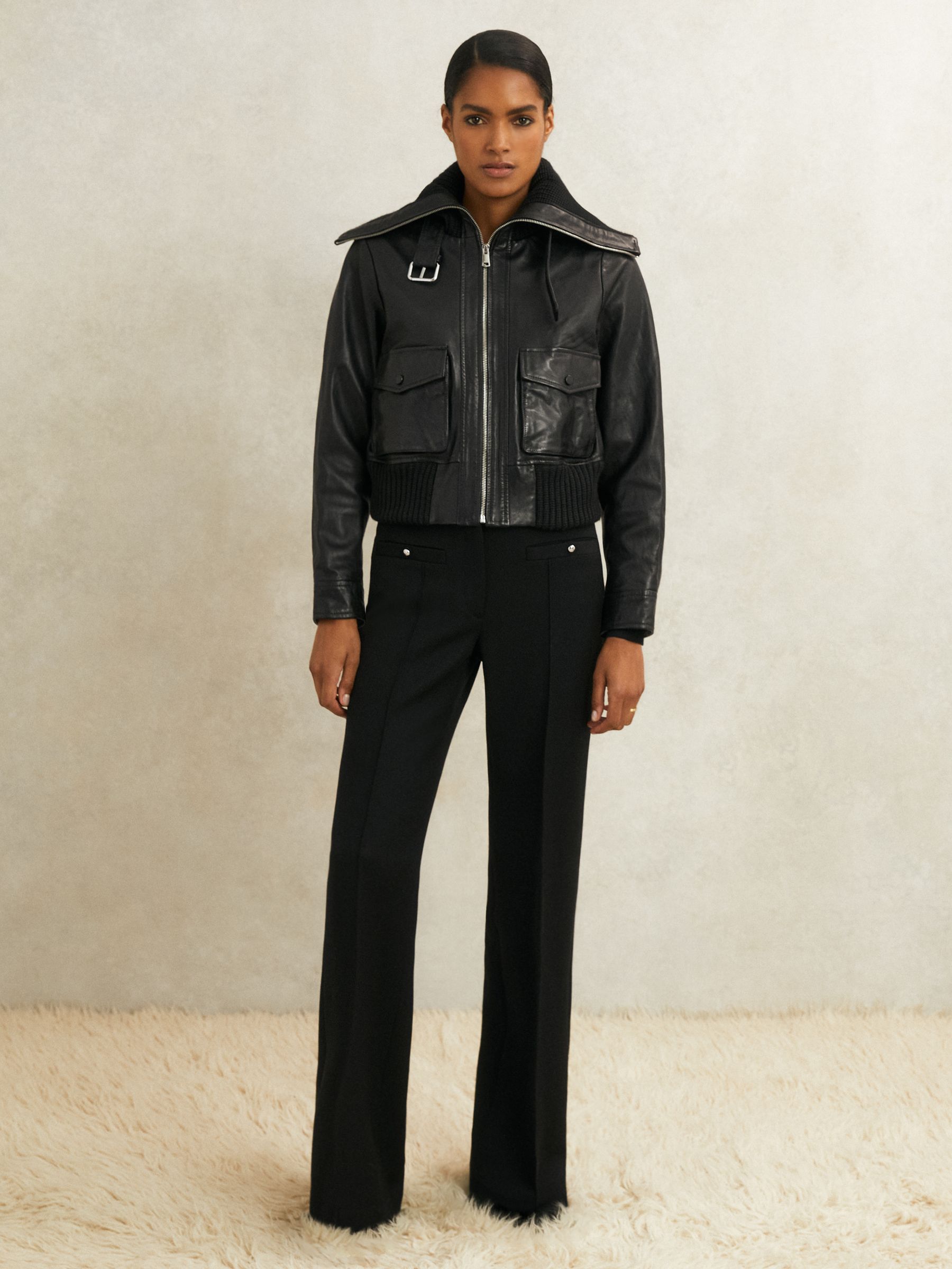 Atelier Leather Rib-Trim Jacket in Black