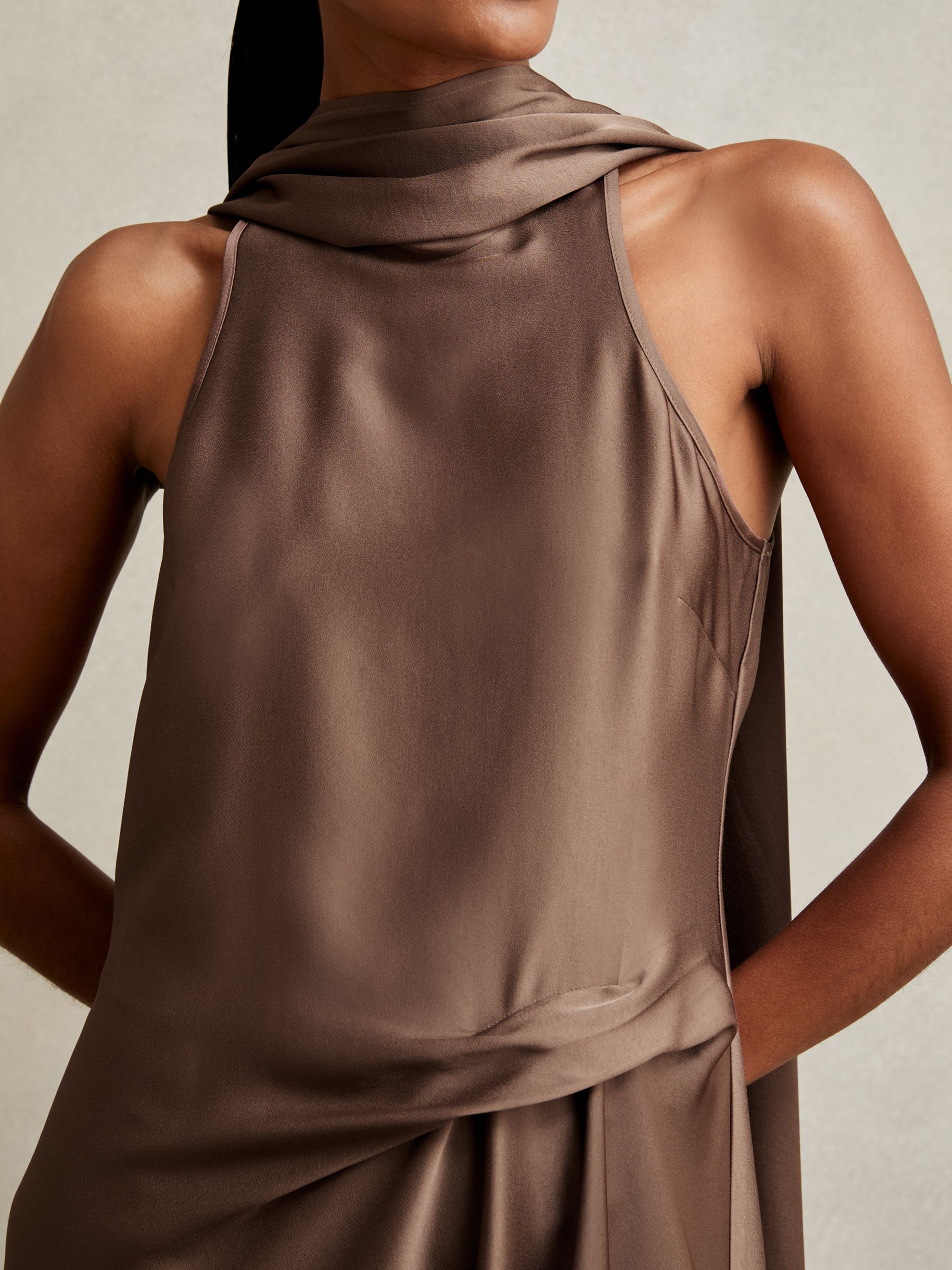 Satin Tuck-Detail Cape Midi Dress in Taupe Brown