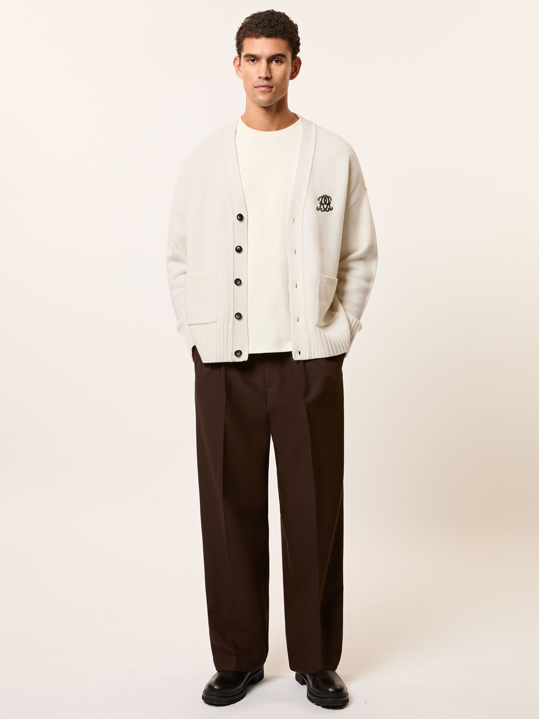 Monogram Embroidery Relaxed Cardigan Wool in Off White
