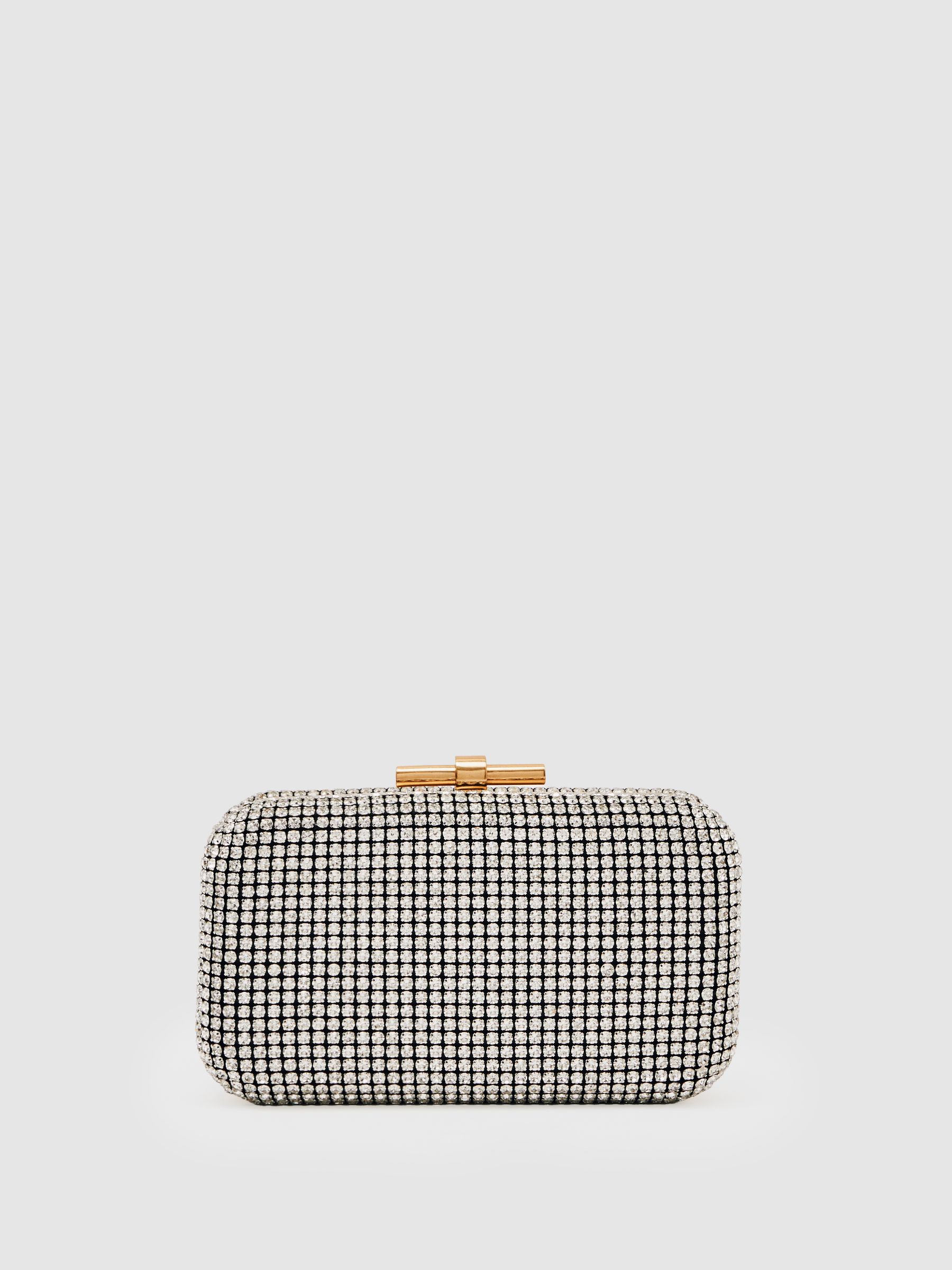Crystal-Embellished Box Clutch Bag in Silver