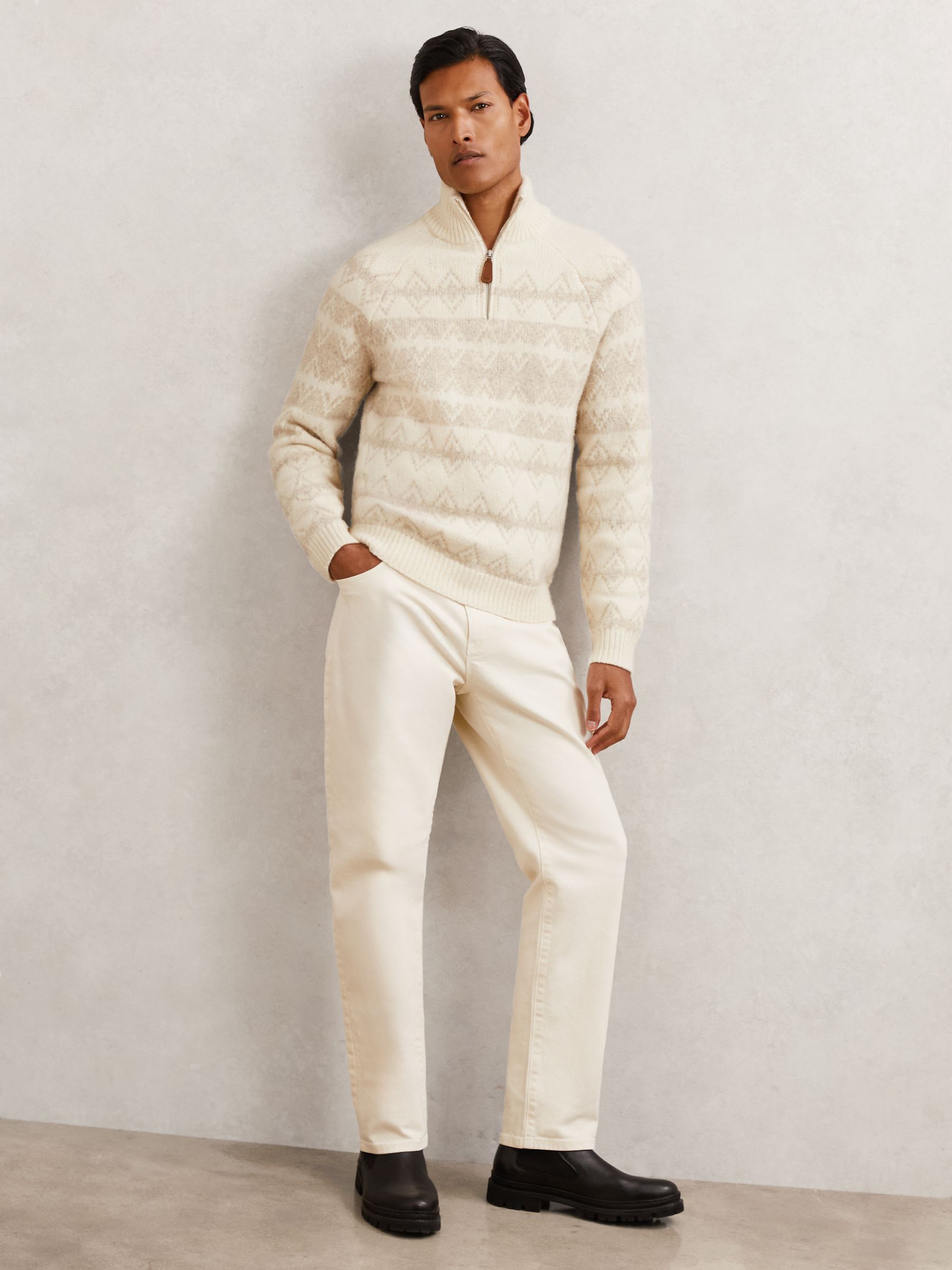 Wool-Blend Fair Isle Half-Zip Jumper in Winter White/Oatmeal