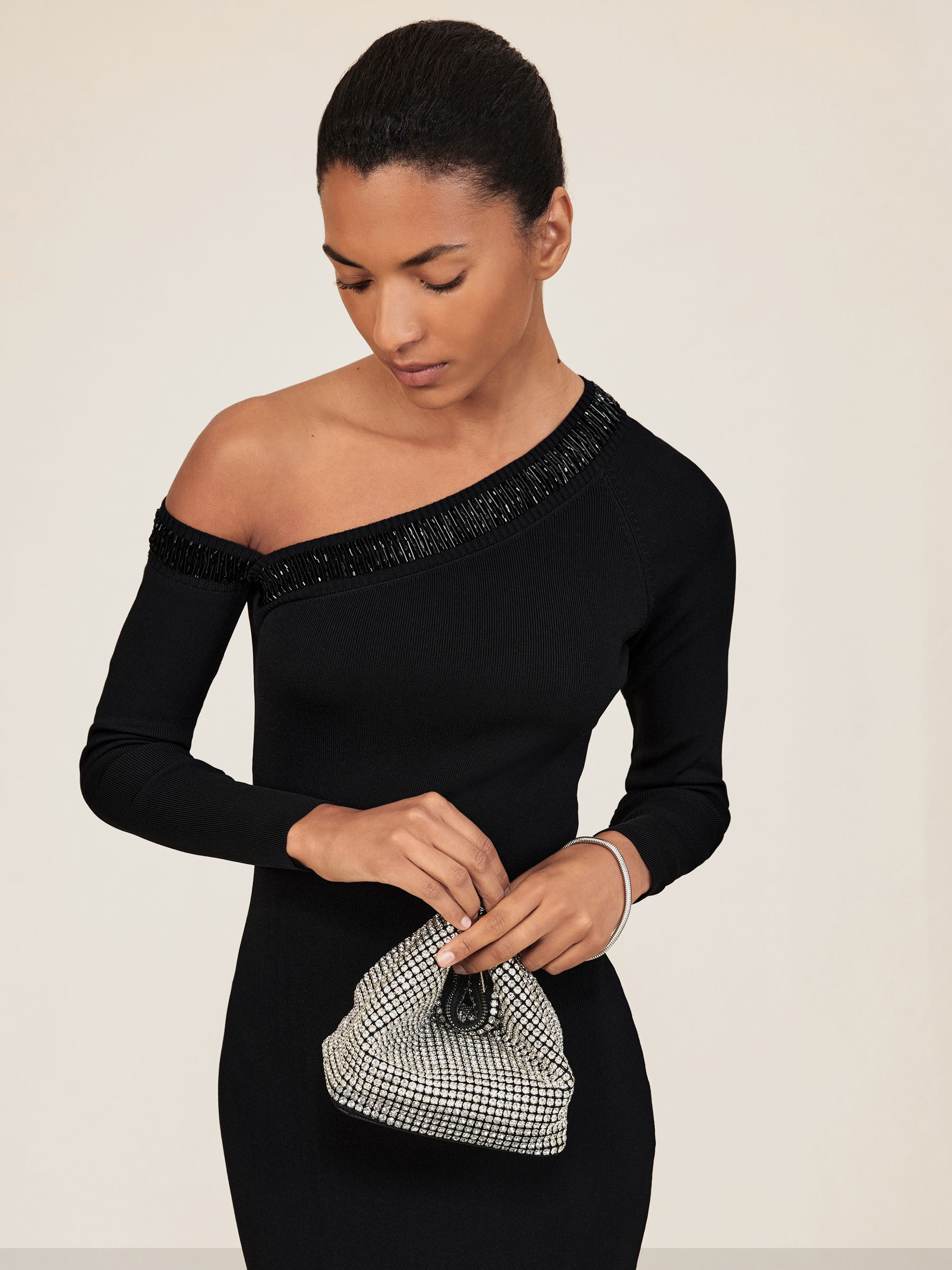 Bead-Detail Off-Shoulder Knit Dress in Black
