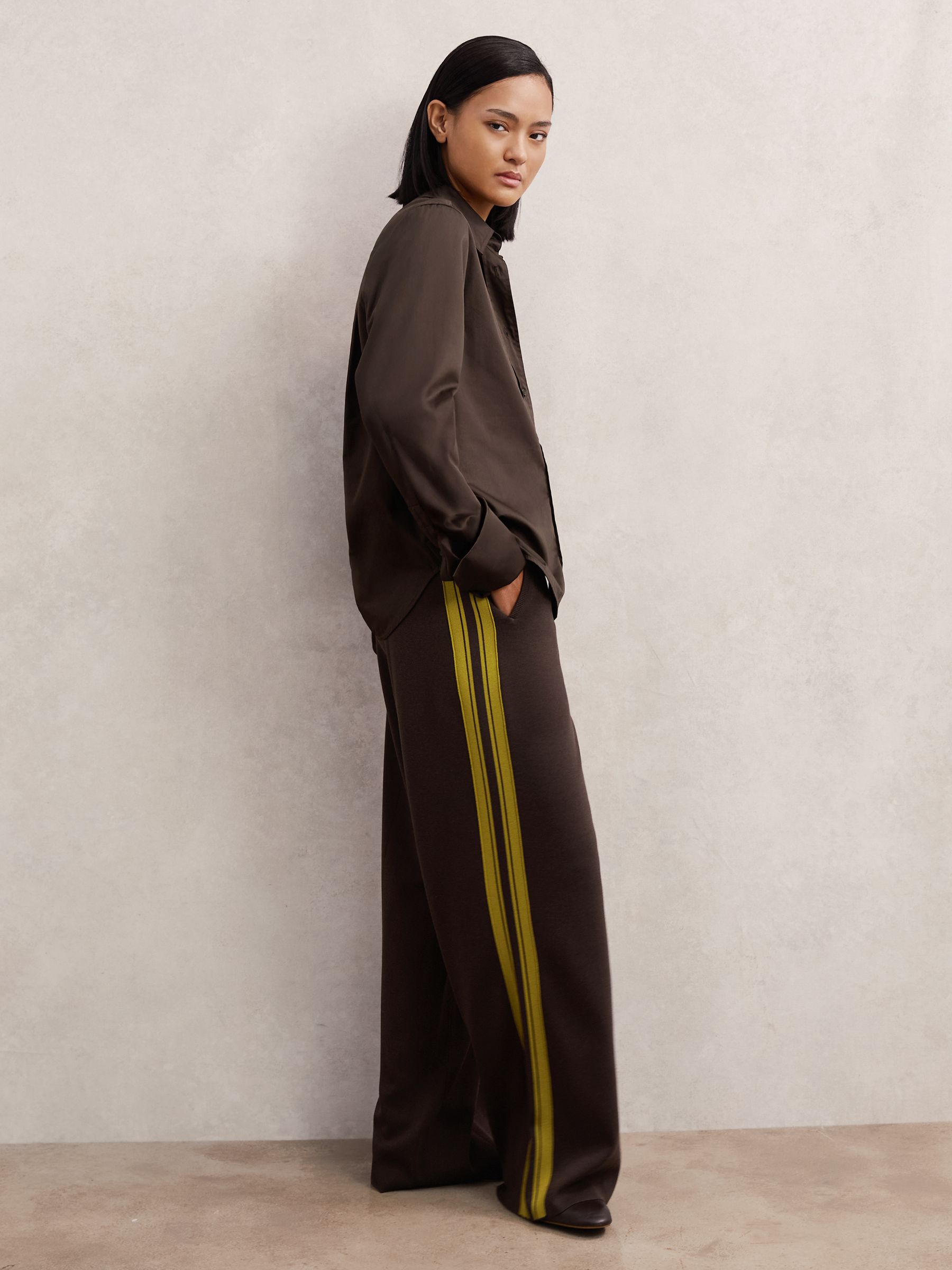 Knitted Side-Stripe Wide-Leg Trousers in Berry