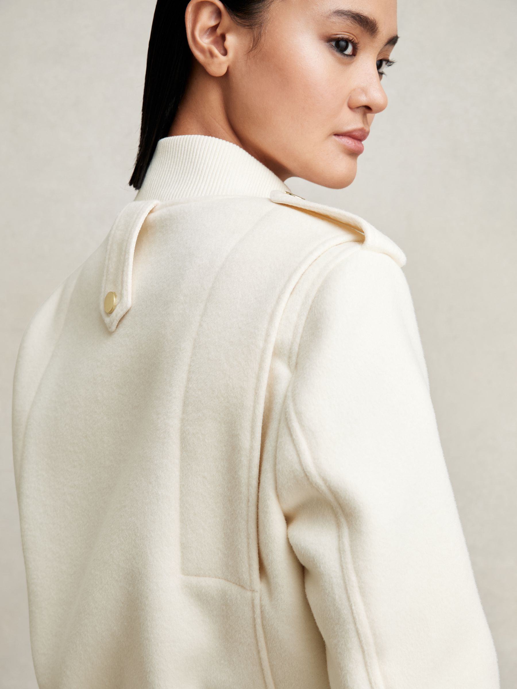 Brushed Wool Epaulette Bomber Jacket in Cream