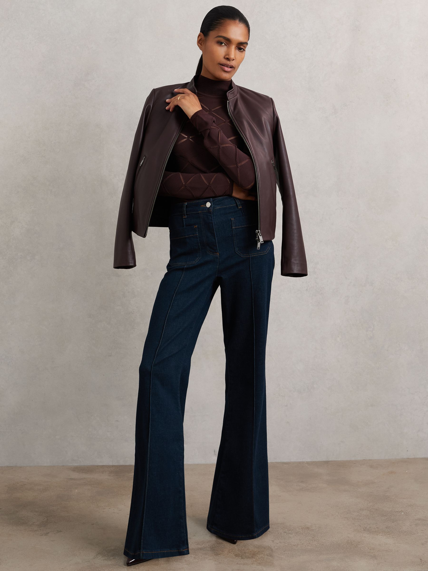 Laser-Cut Funnel-Neck Knit Top in Burgundy