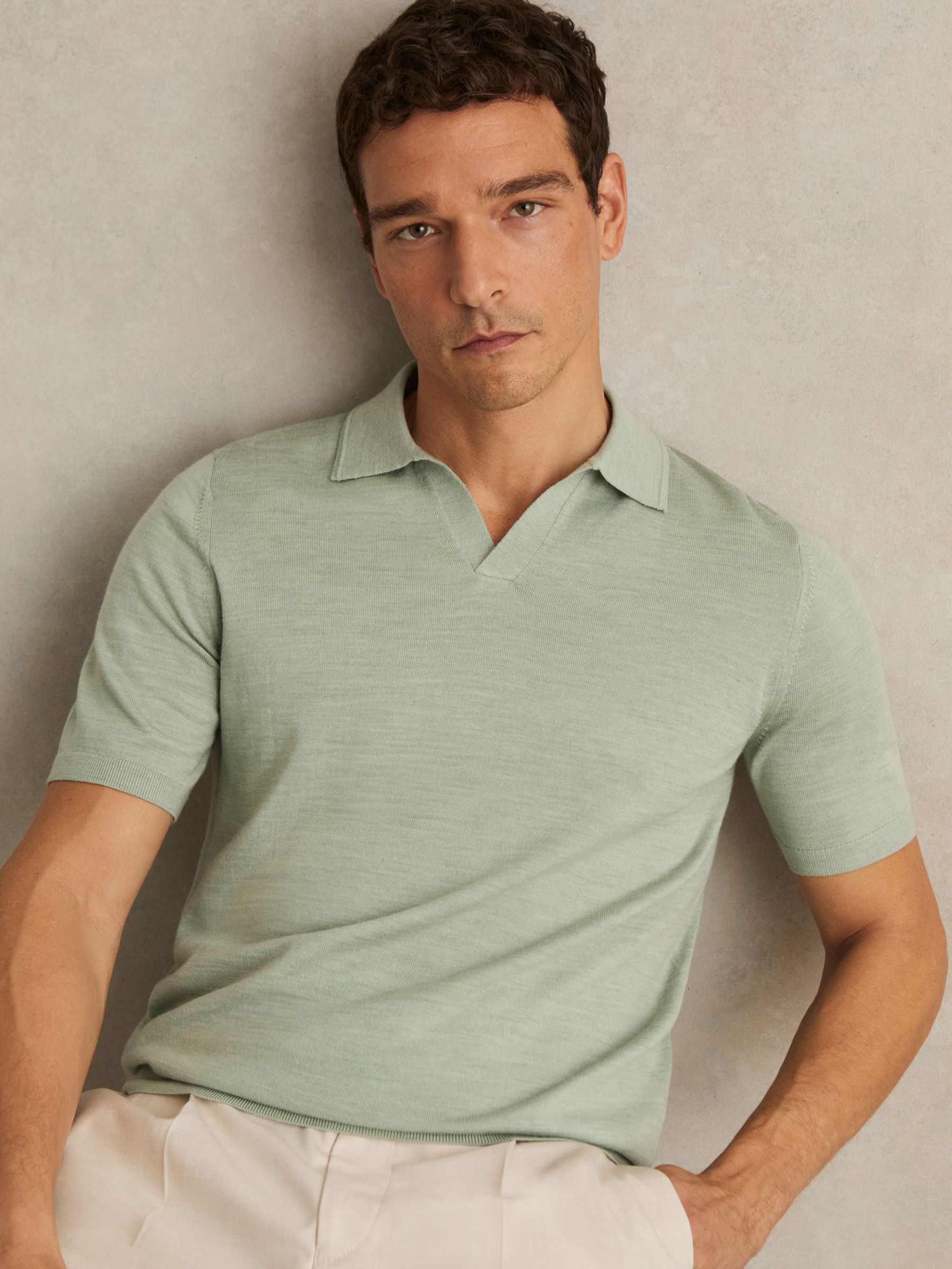 Merino Wool Open-Collar Polo Shirt in Sage Green Melange