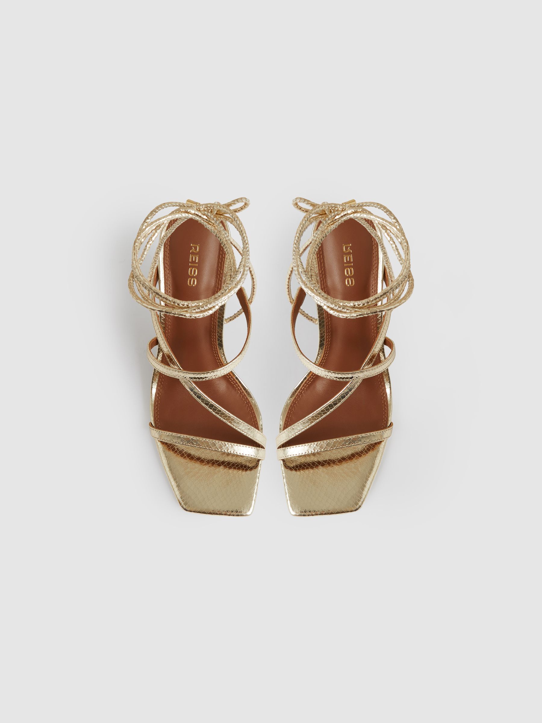Leather Metallic Strappy Heeled Sandals in Gold