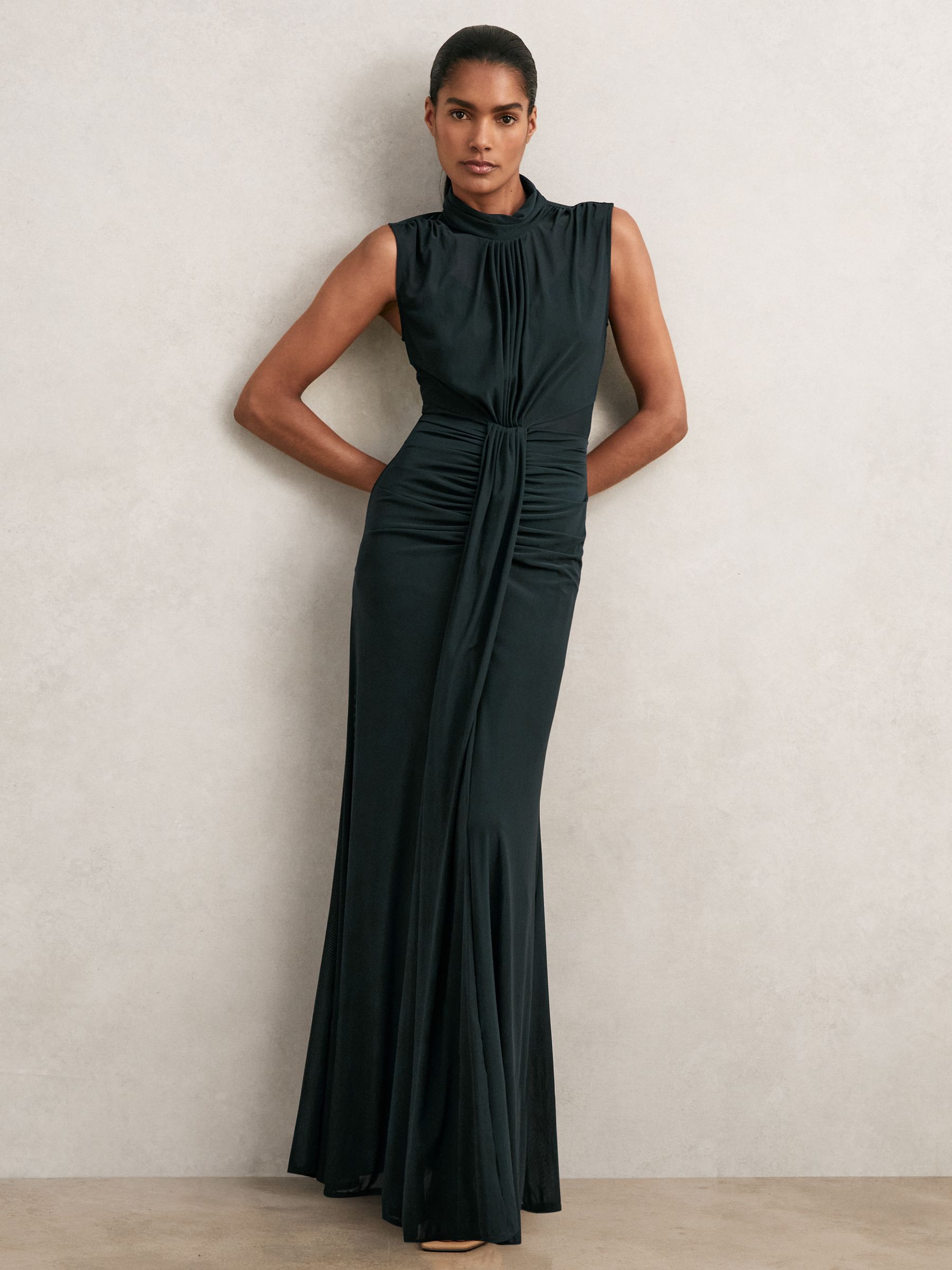 Ruched Sleeveless Maxi Dress in Dark Red