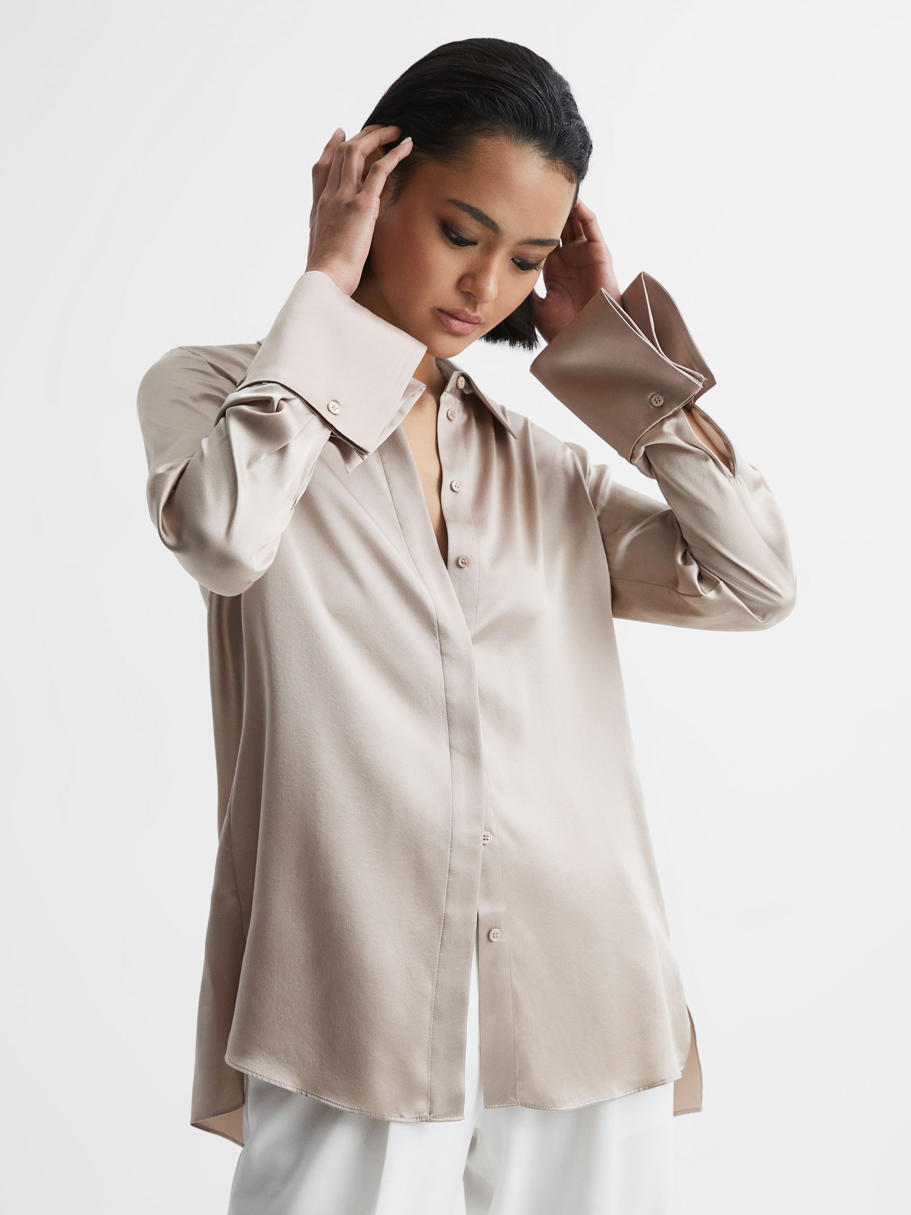 Silk Double-Cuff Button-Through Shirt in Champagne