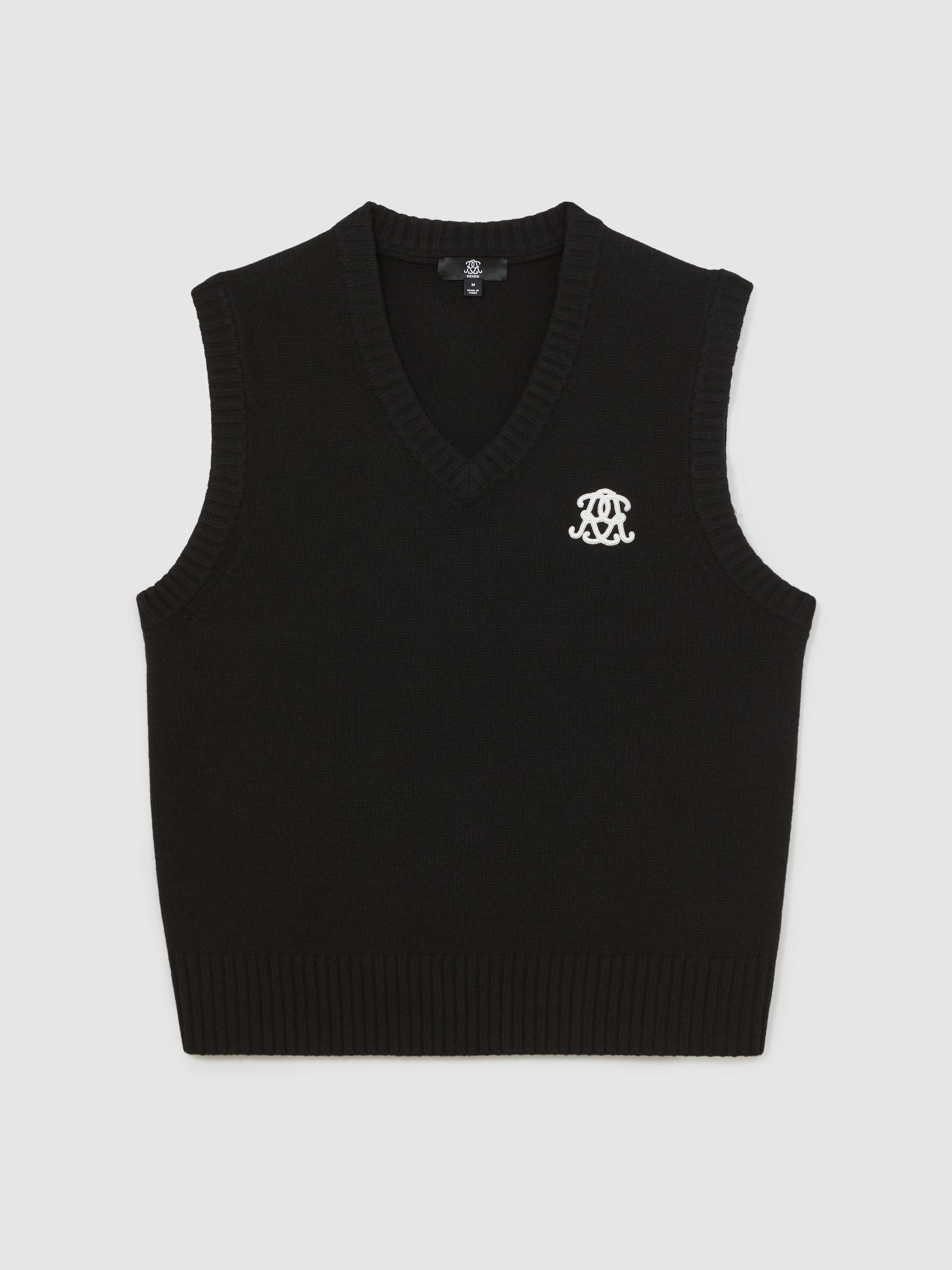 Monogram Embroidered Relaxed Wool Vest in Black