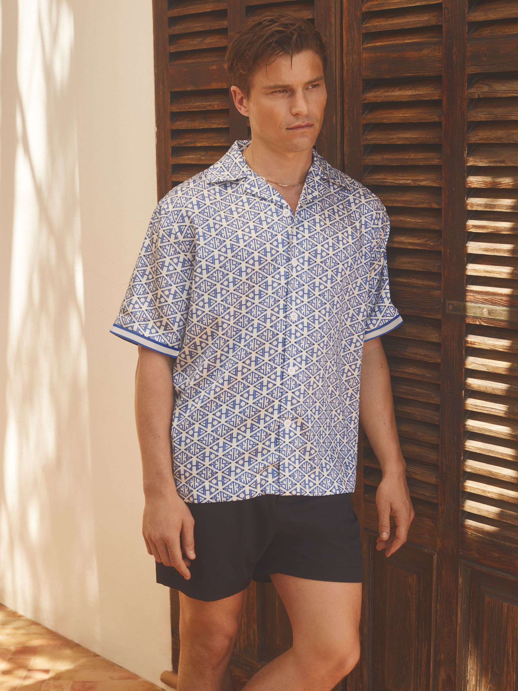 Reiss | Ché Monogram Print Cuff Detail Cuban Collar Shirt in Ivory/Sage