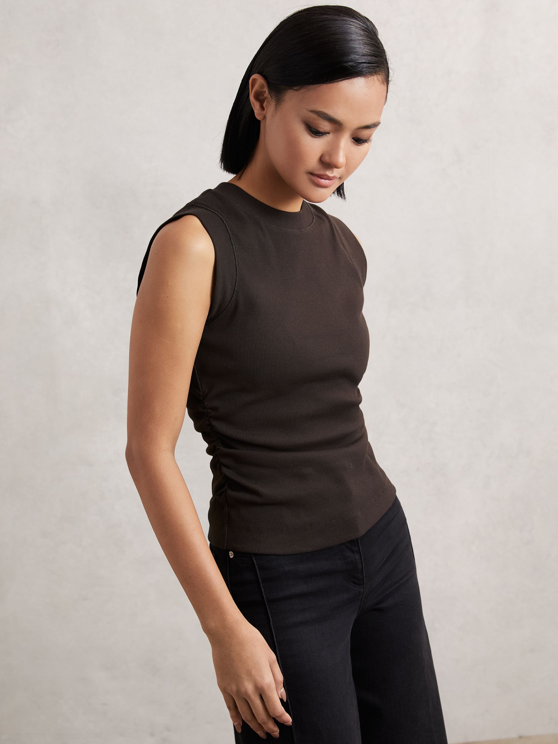 Fine-Rib Ruched Vest Top in Chocolate