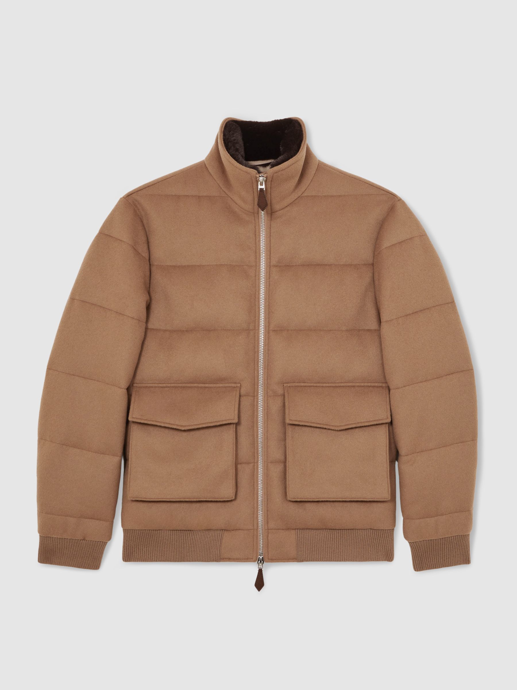 Faux-Fur Collar Quilted Puffer Jacket in Light Brown