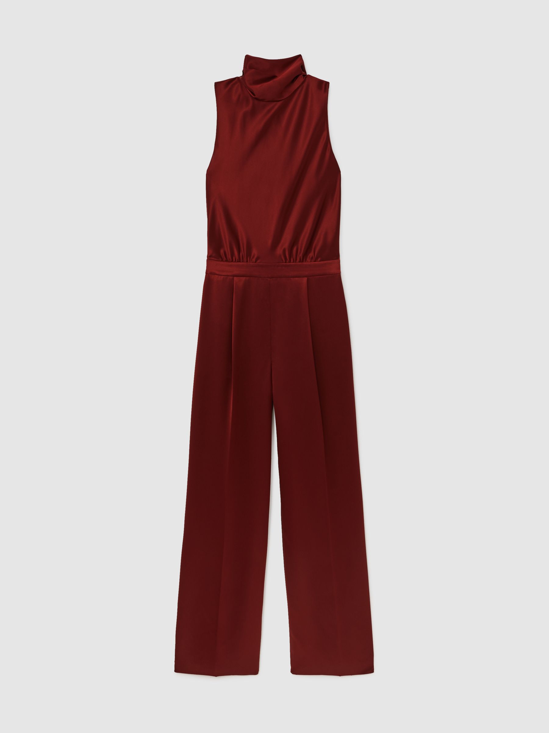 Satin Cape-Sash Jumpsuit in Dark Red