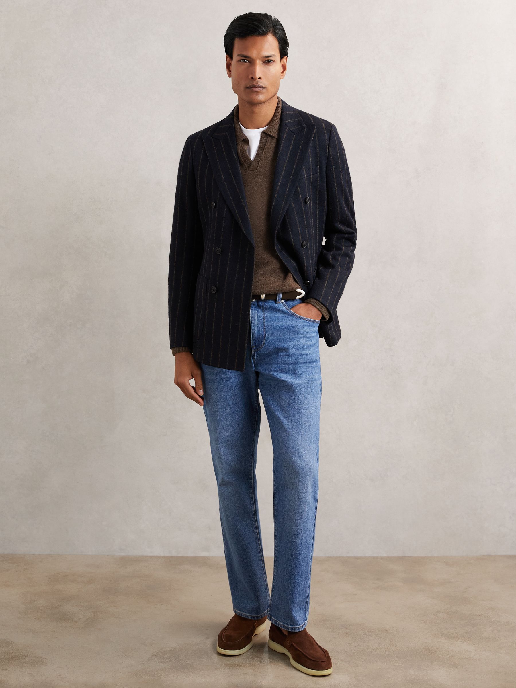 Wool-Cashmere Open-Collar Jumper in Pecan Brown