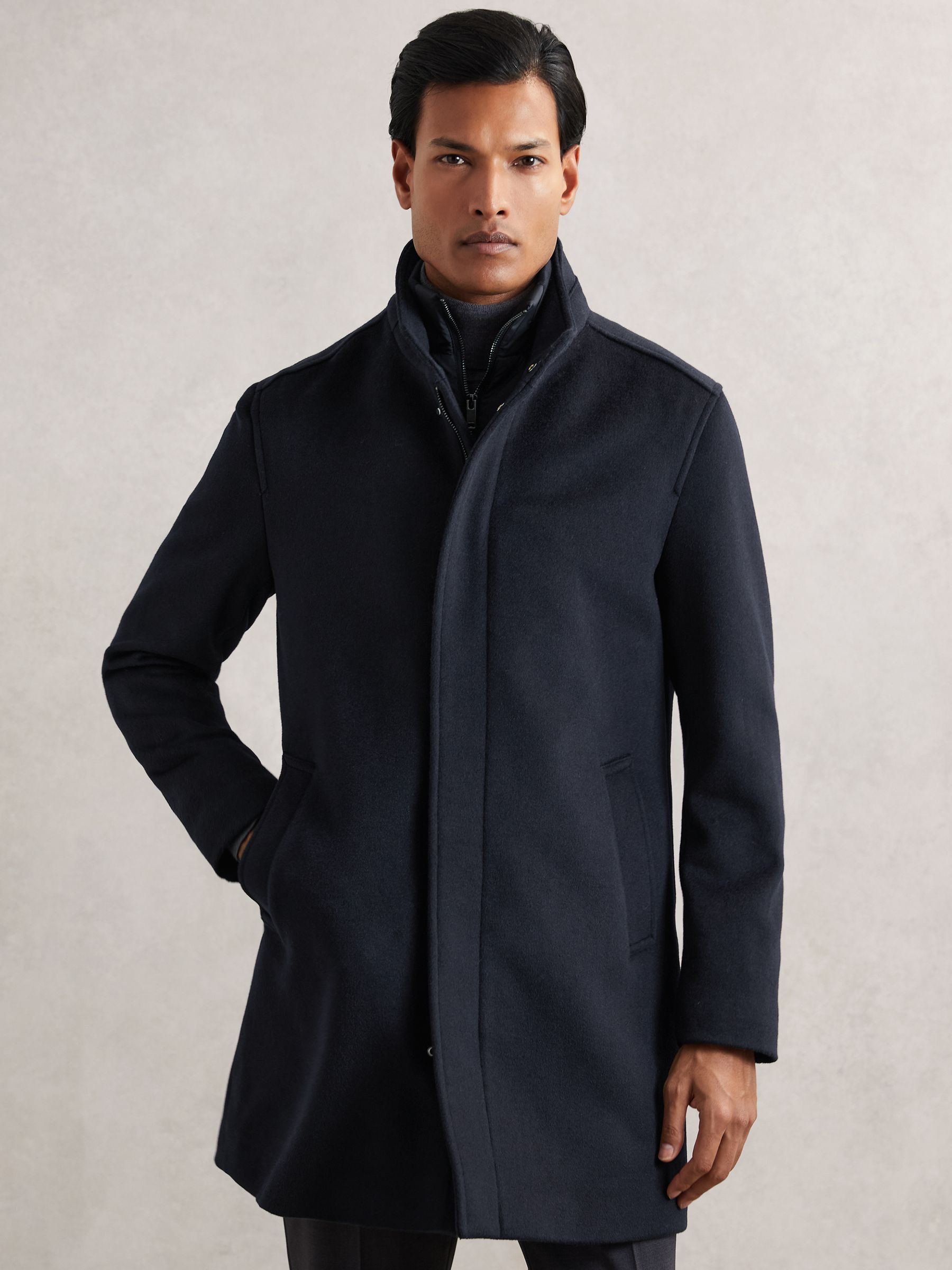 Wool-Blend Gilet-Insert Coat in Navy