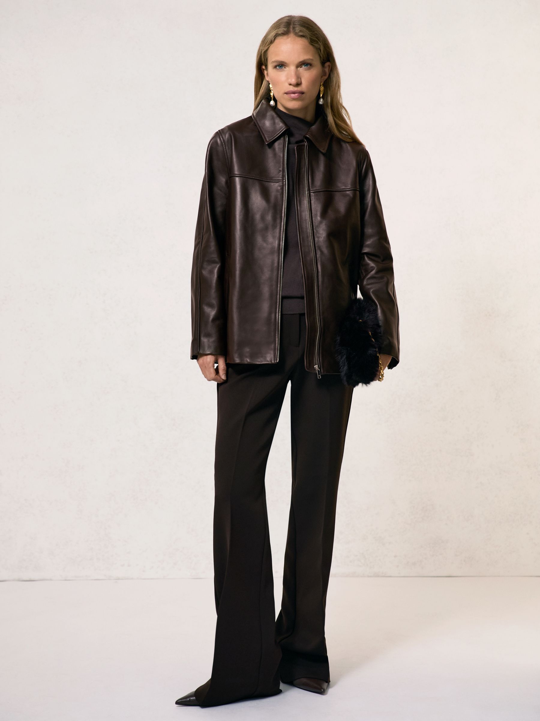 Longline Leather Jacket in Chocolate Brown