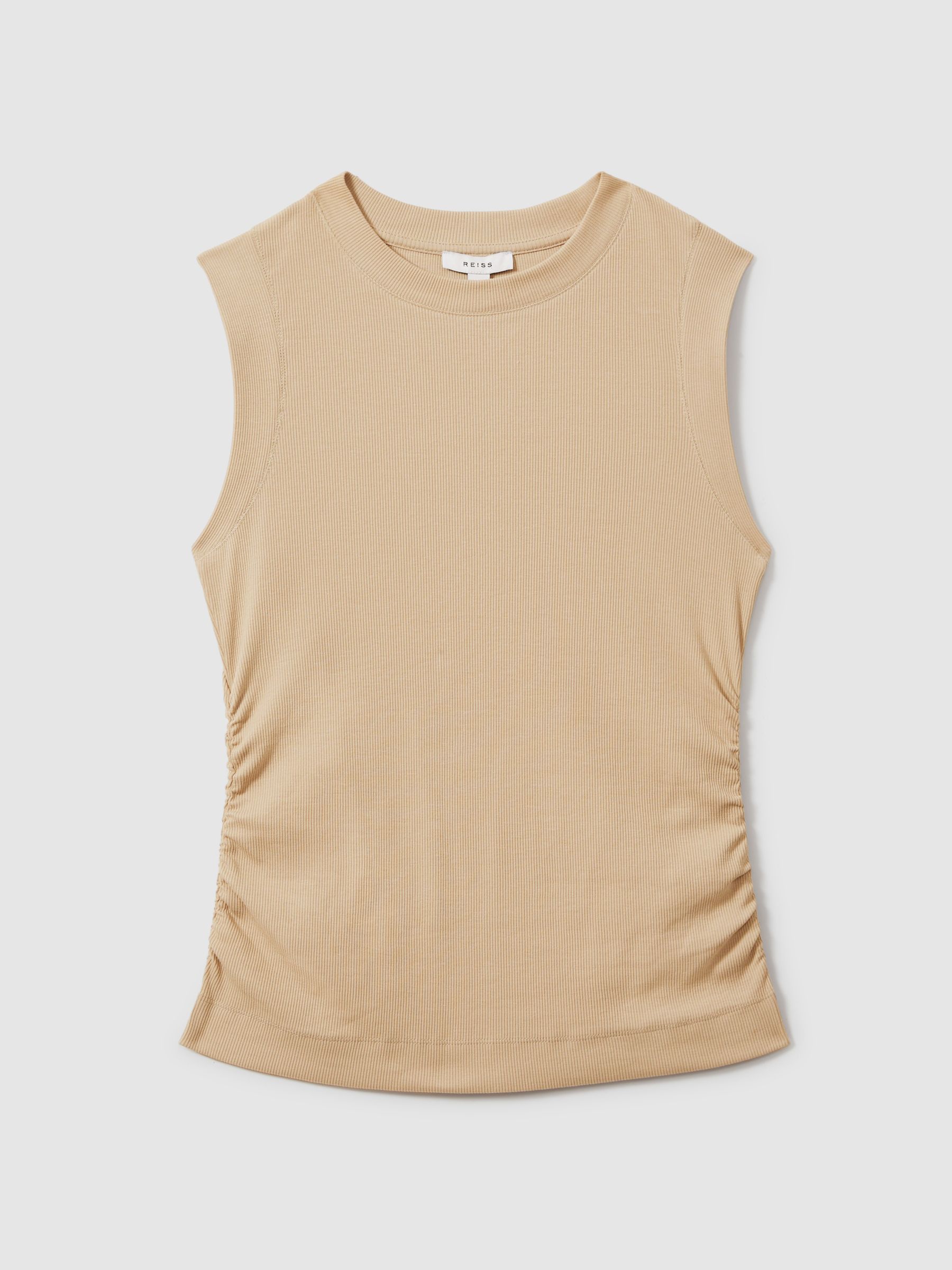 Fine-Rib Ruched Vest Top in Camel