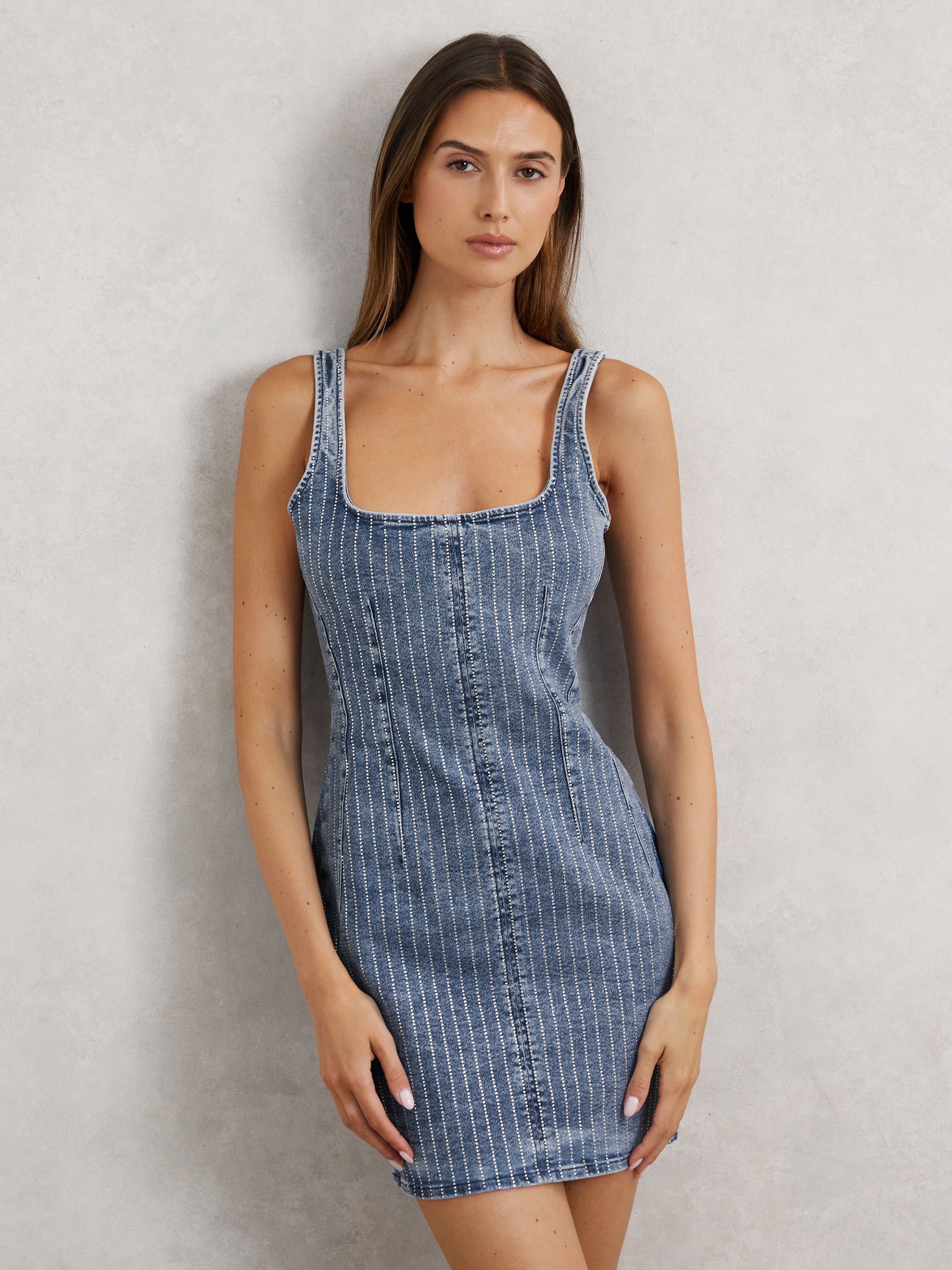 Good American Denim Rhinestone Dress in Indigo Blue