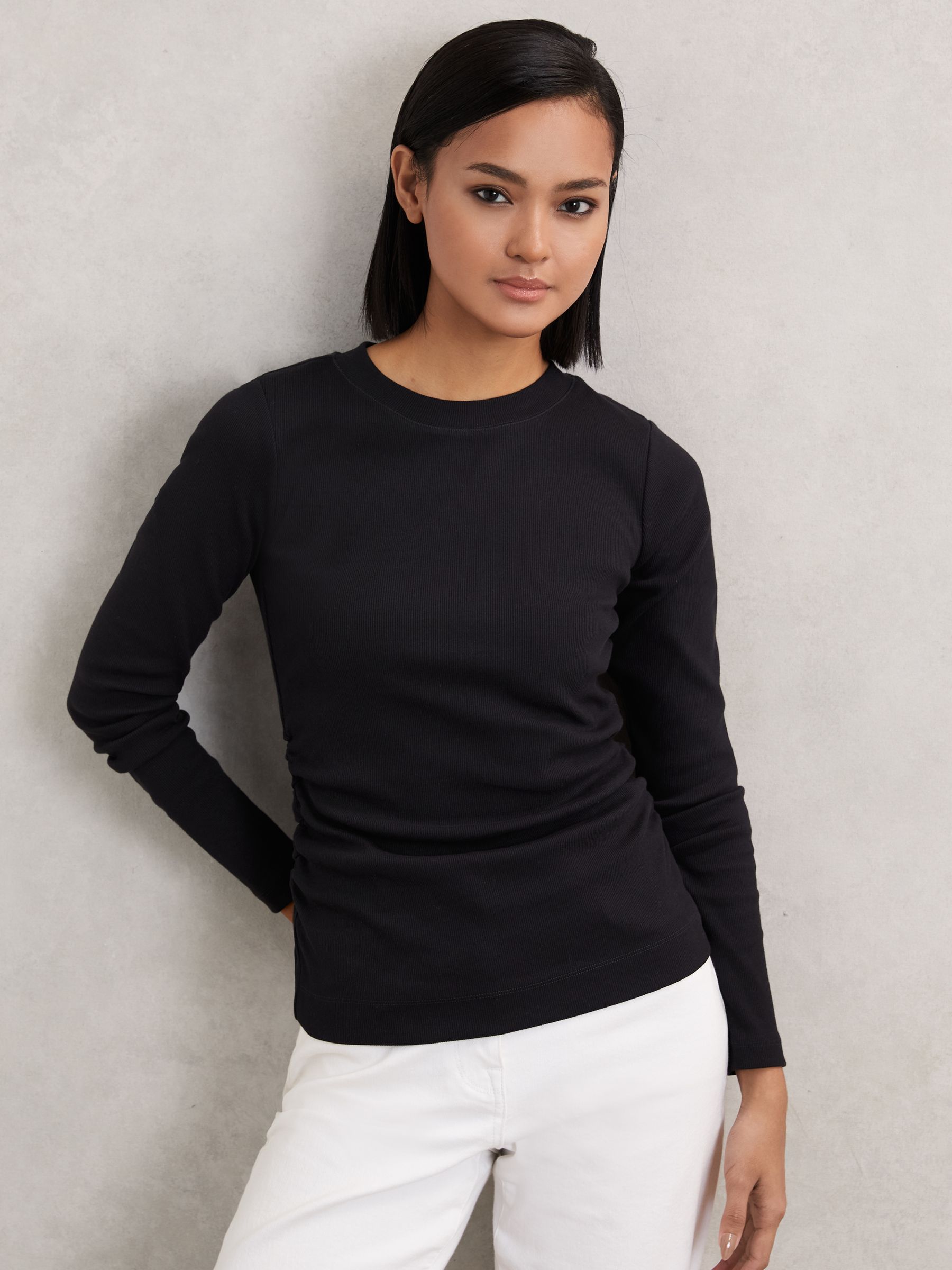 Cotton Long-Sleeve Ruched T-Shirt with Stretch in Black