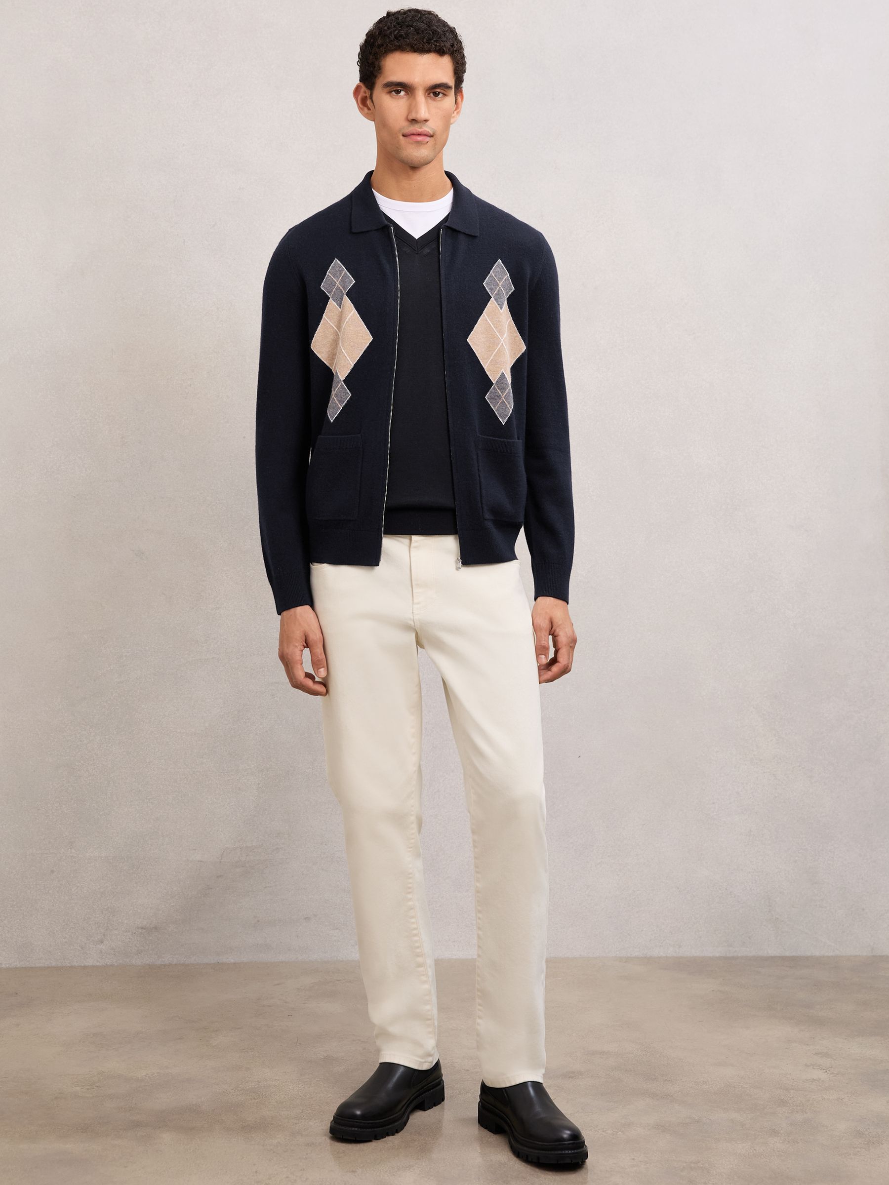 Wool Zip-Through Argyle Cardigan in Navy