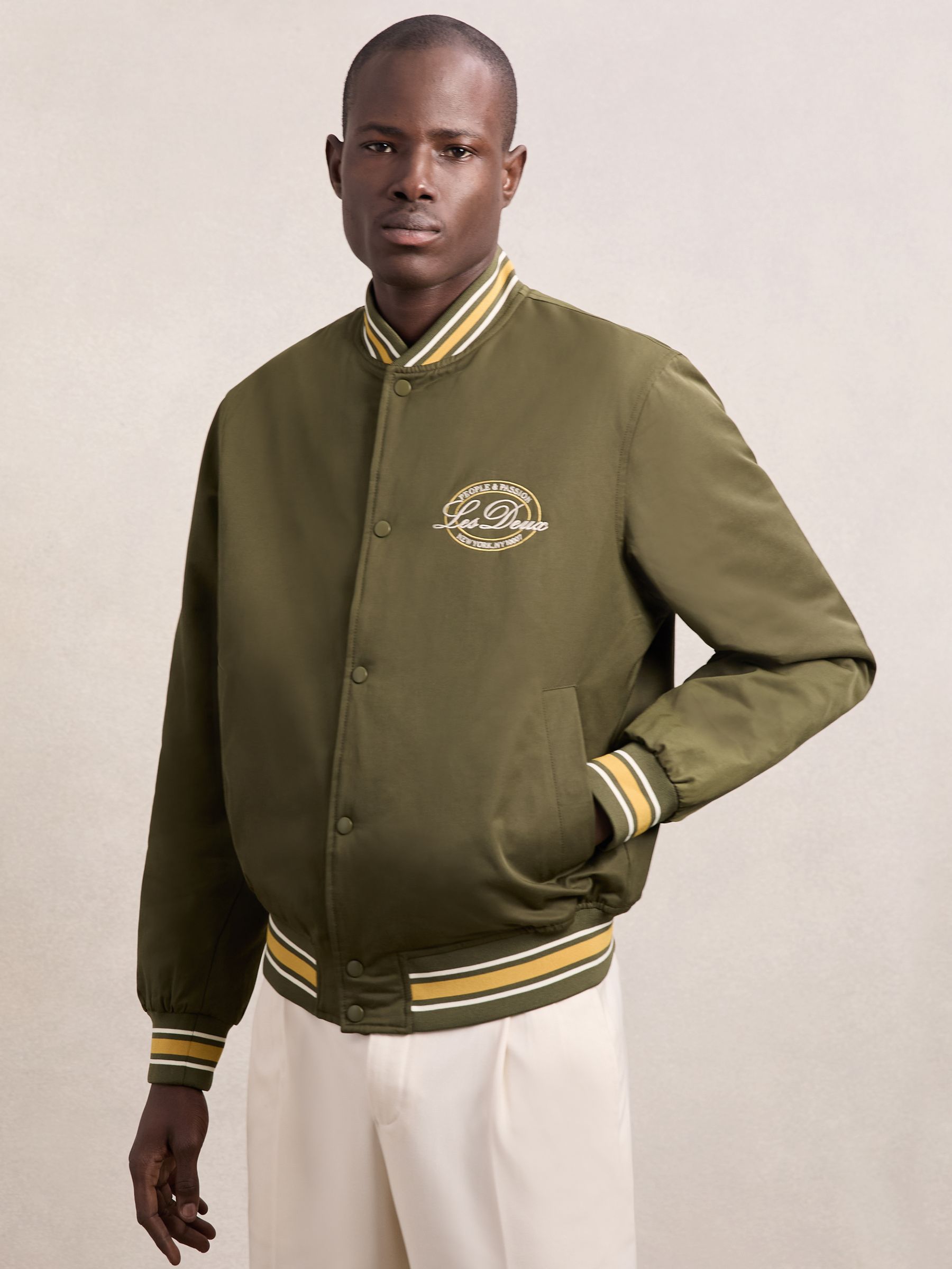 Les Deux Tech Varsity Jacket in Olive Night