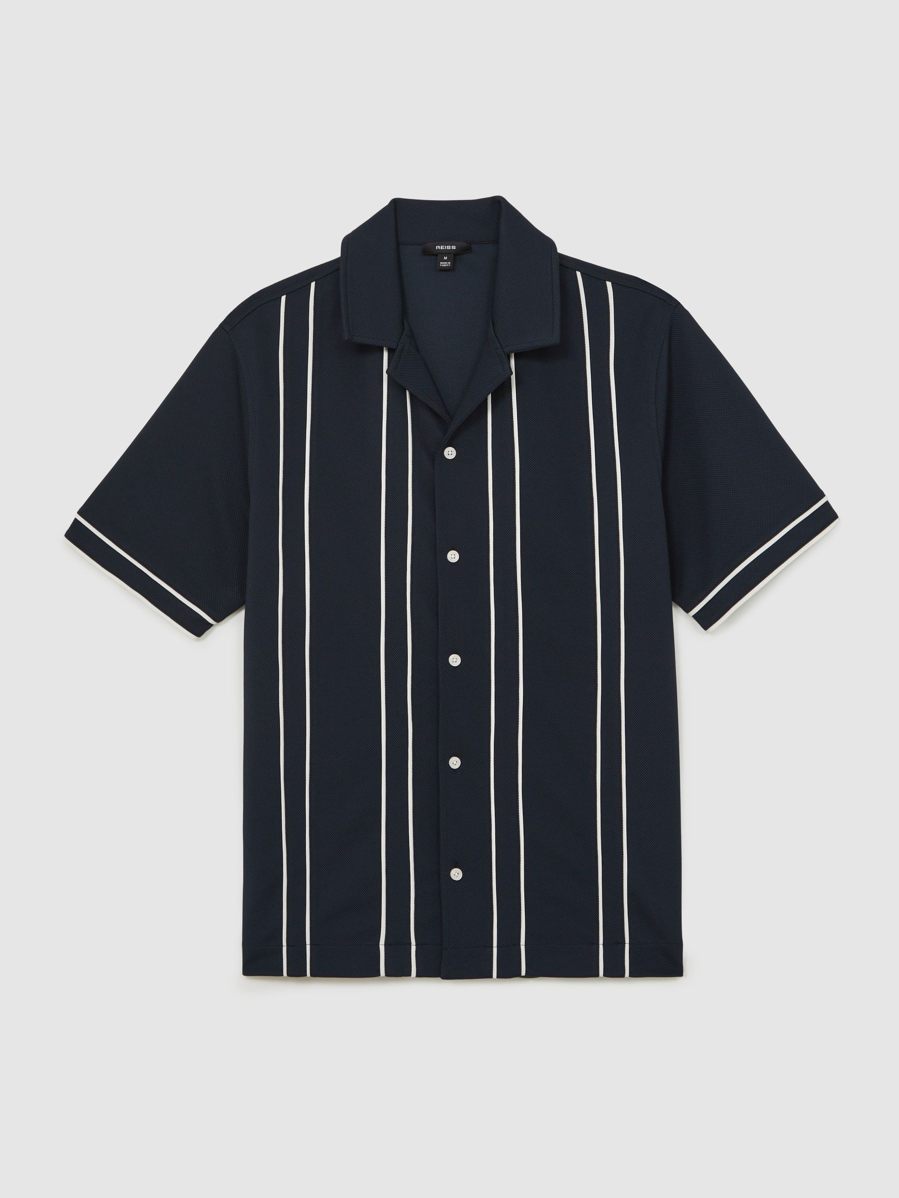 Piped-Stripe Cuban-Collar Shirt in Navy/White