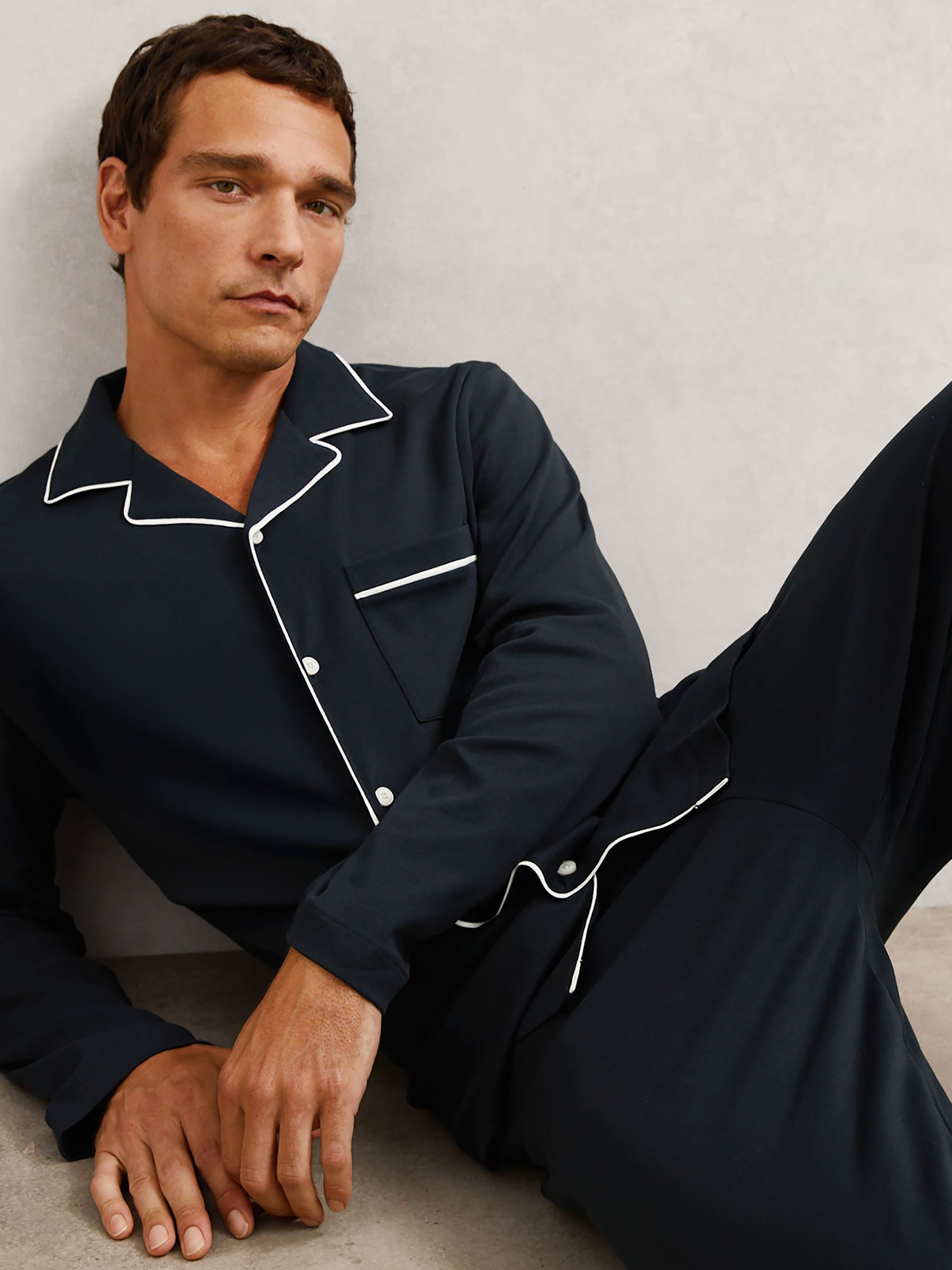 Cotton Piped Pyjamas Set in Navy