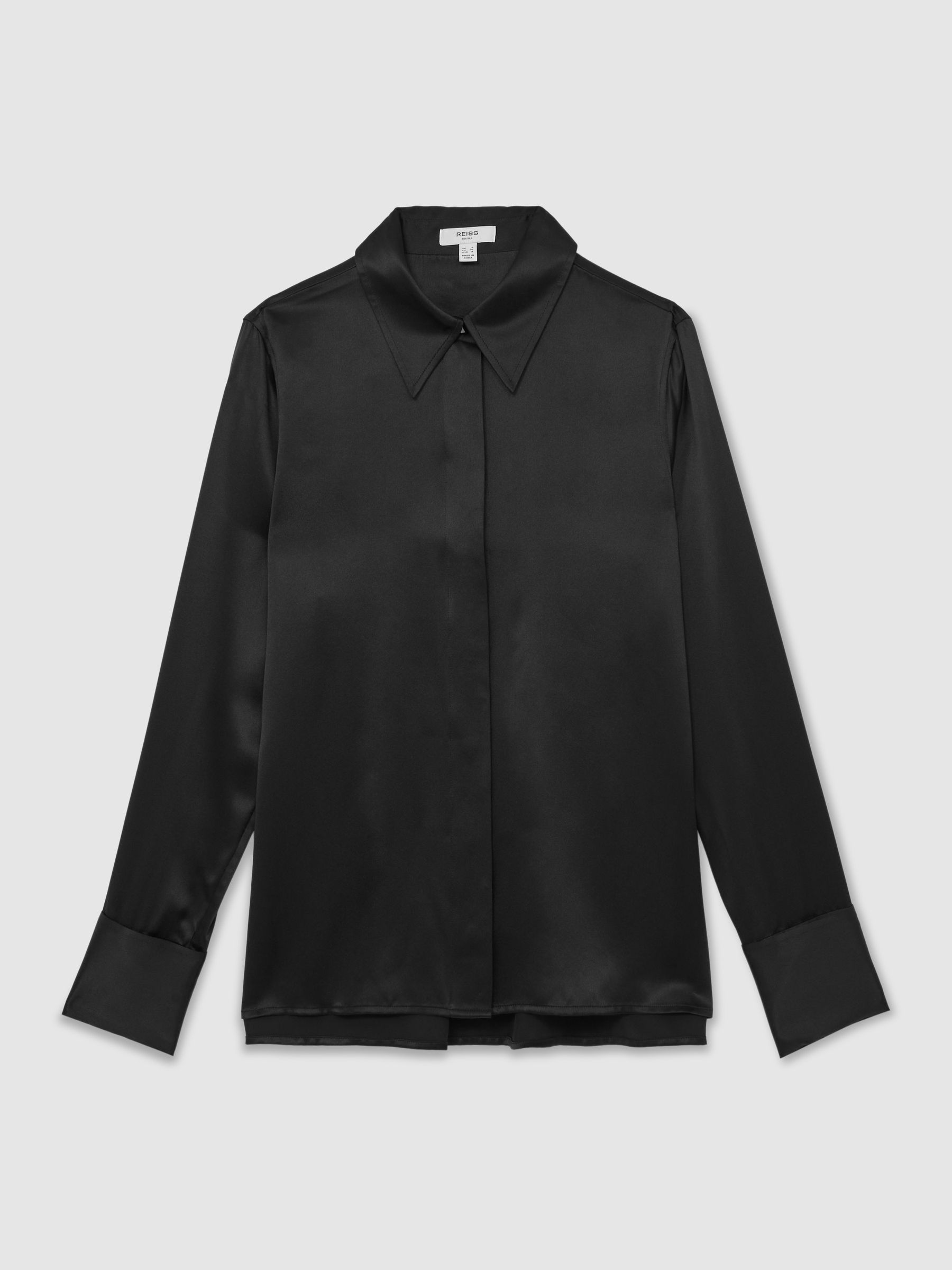 Silk-Satin Concealed-Placket Shirt in Black